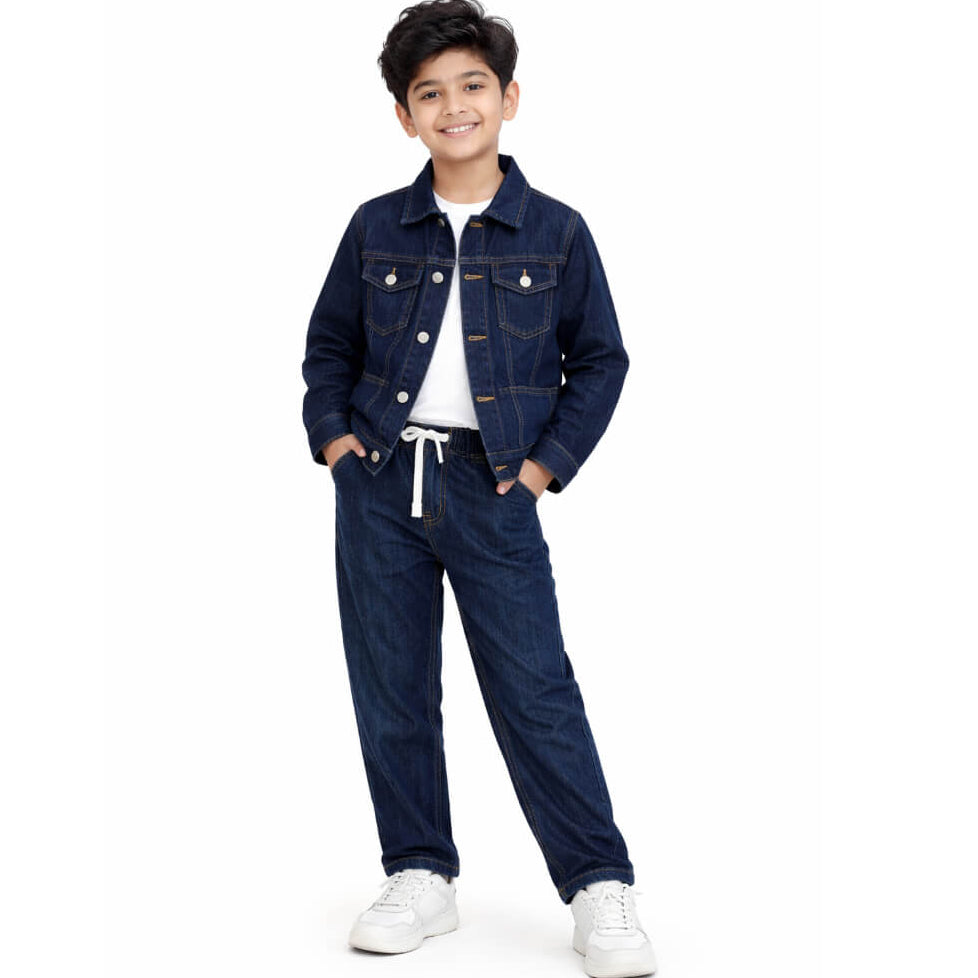 Front Pocket Stylish Boys' Denim Jacket and Elastic Waist Jeans Set- 2 Pcs - Dark Blue
