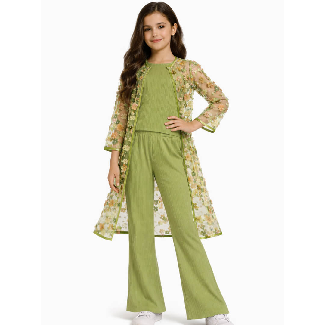 3d Flowers Net Top with Flared Pants &amp; Shrug Set- Olive Green