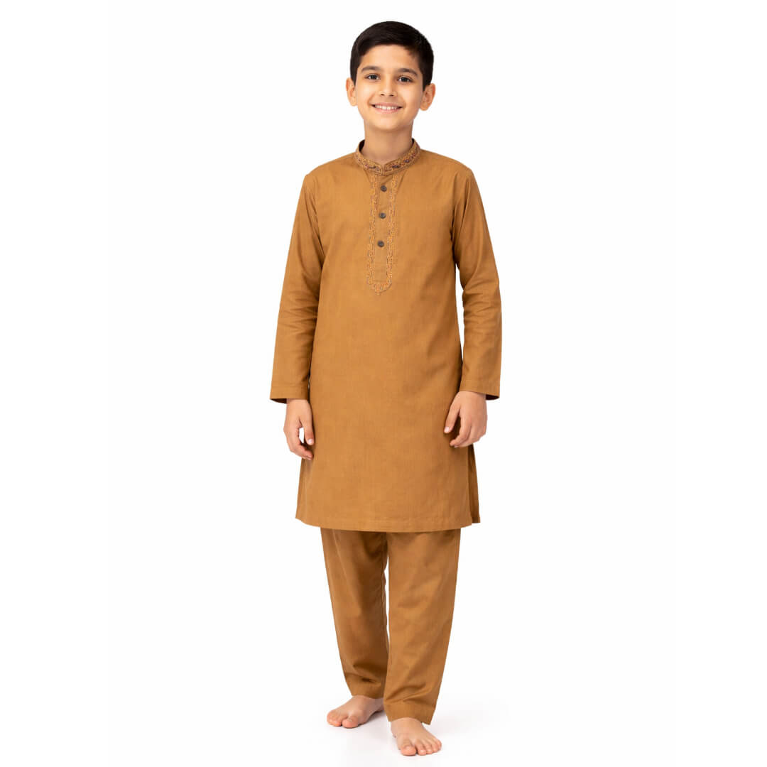 UNIQUE Brown Embroidered Cotton Kurta &amp; Trouser Set – Brown
