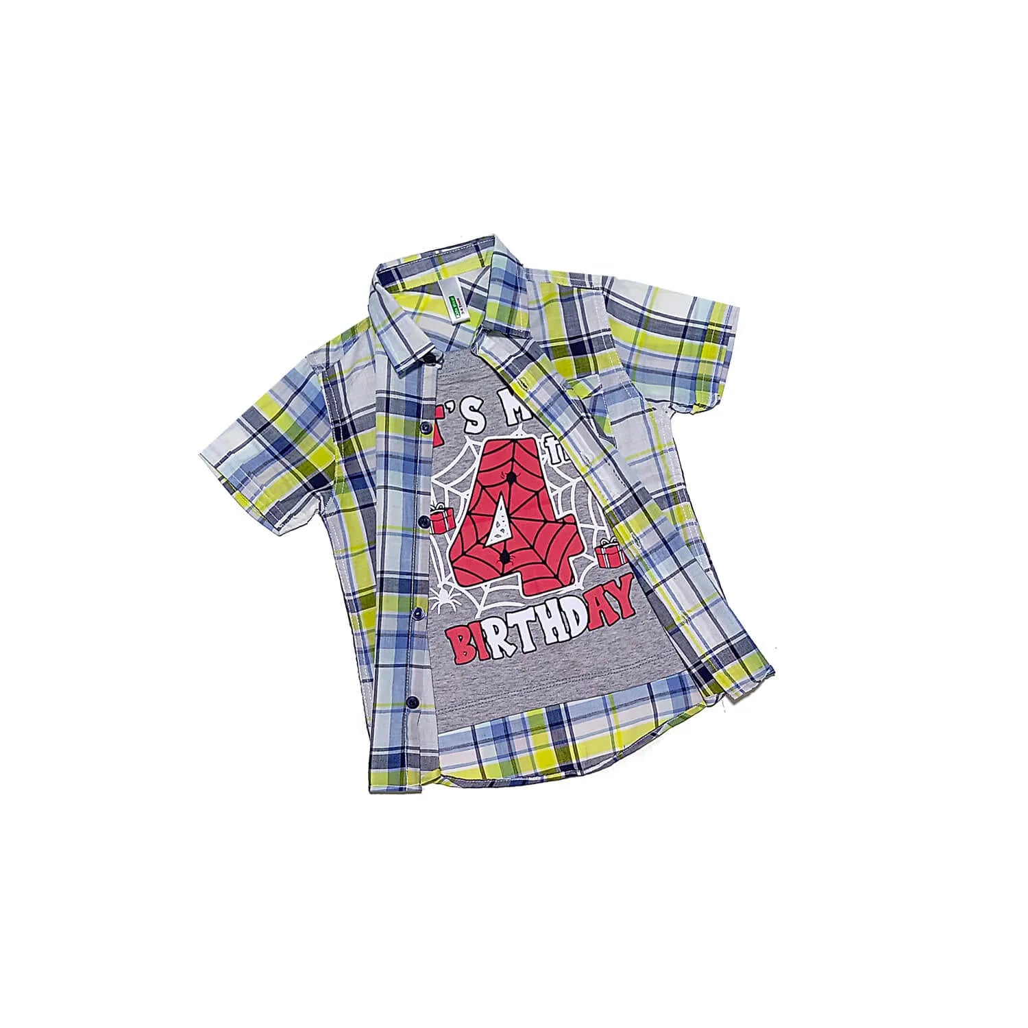 Its 4 Birthday Twofer Double Cotton Green Cheked Casual Shirt -Grey