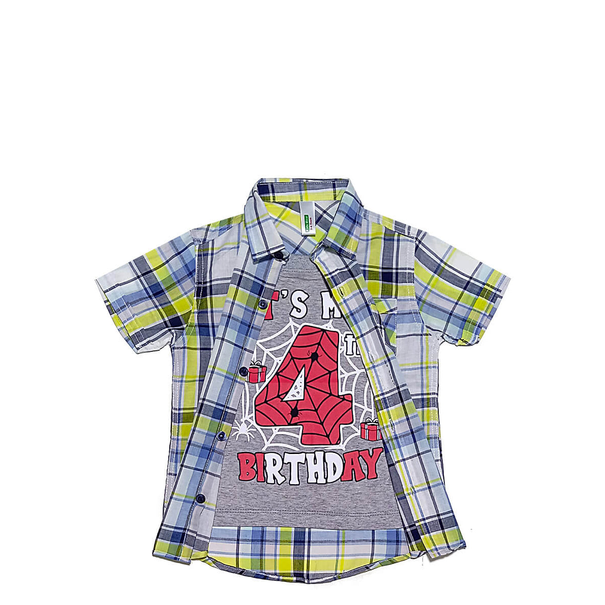 Its 4 Birthday Twofer Double Cotton Green Cheked Casual Shirt -Grey