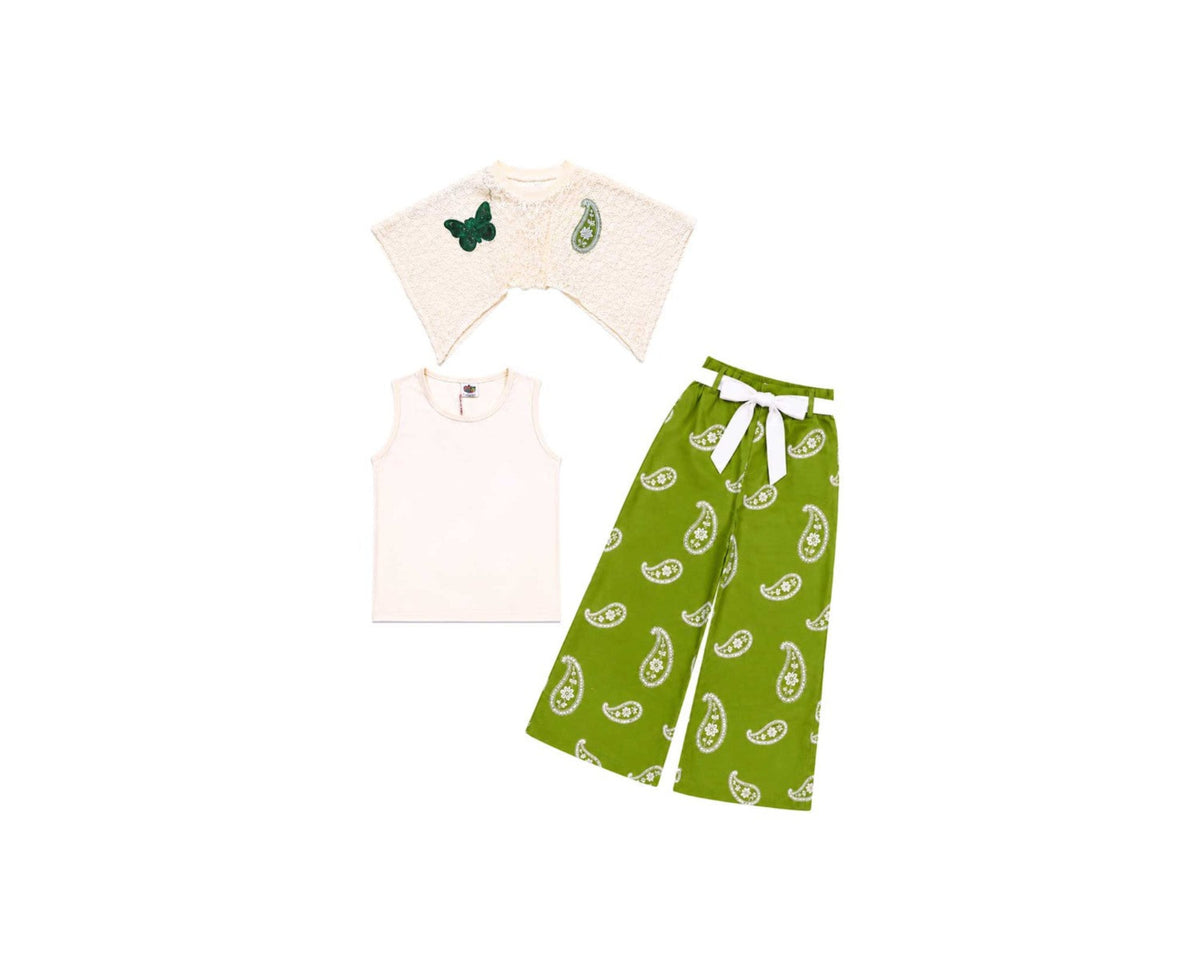 Ivory Lace Top with Green Plazo Pants -Off White & Green