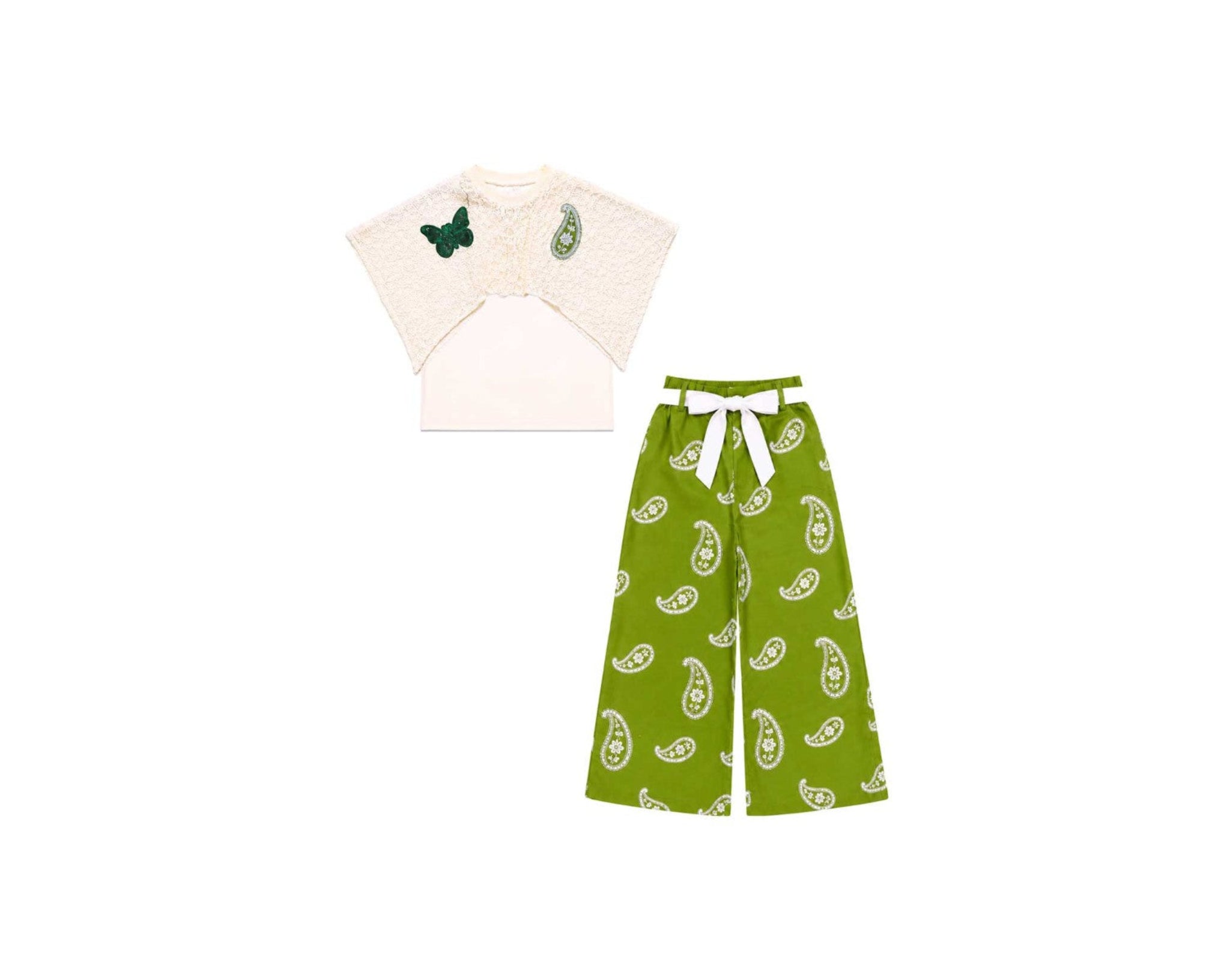 Ivory Lace Top with Green Plazo Pants -Off White & Green