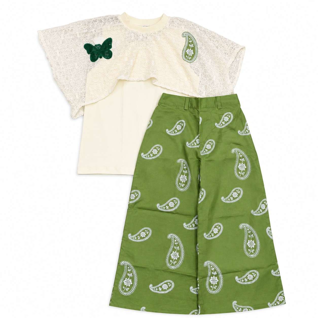 Ivory Lace Top with Green Plazo Pants -Off White & Green