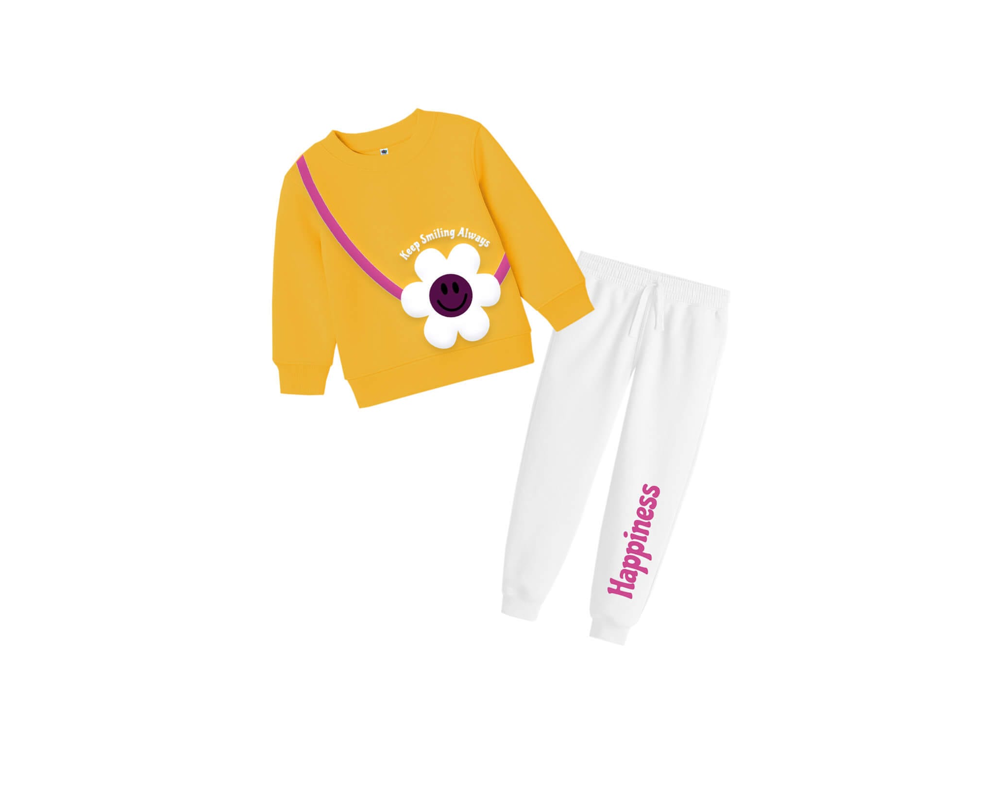 Keep Smiling Always Fleece Tracksuit -Yellow &amp; White