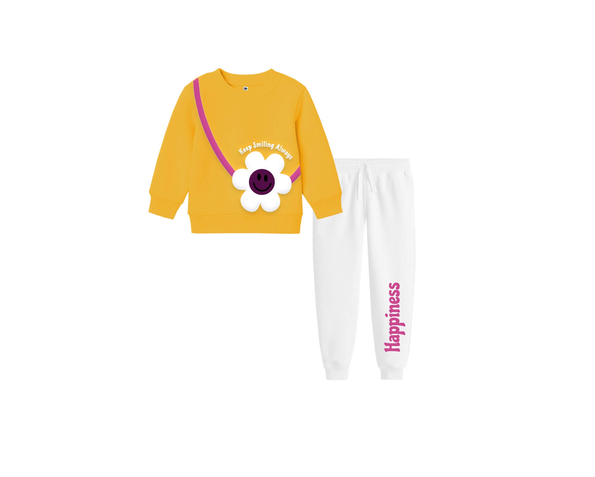 Keep Smiling Always Fleece Tracksuit -Yellow &amp; White