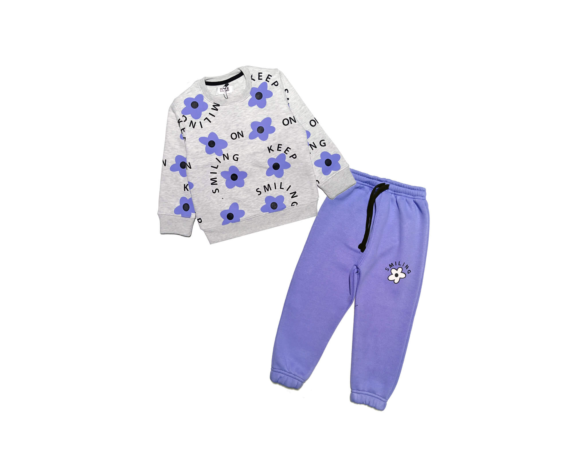 Keep Smilling Flowers Fleece Tracsuit -Grey &amp; Purple