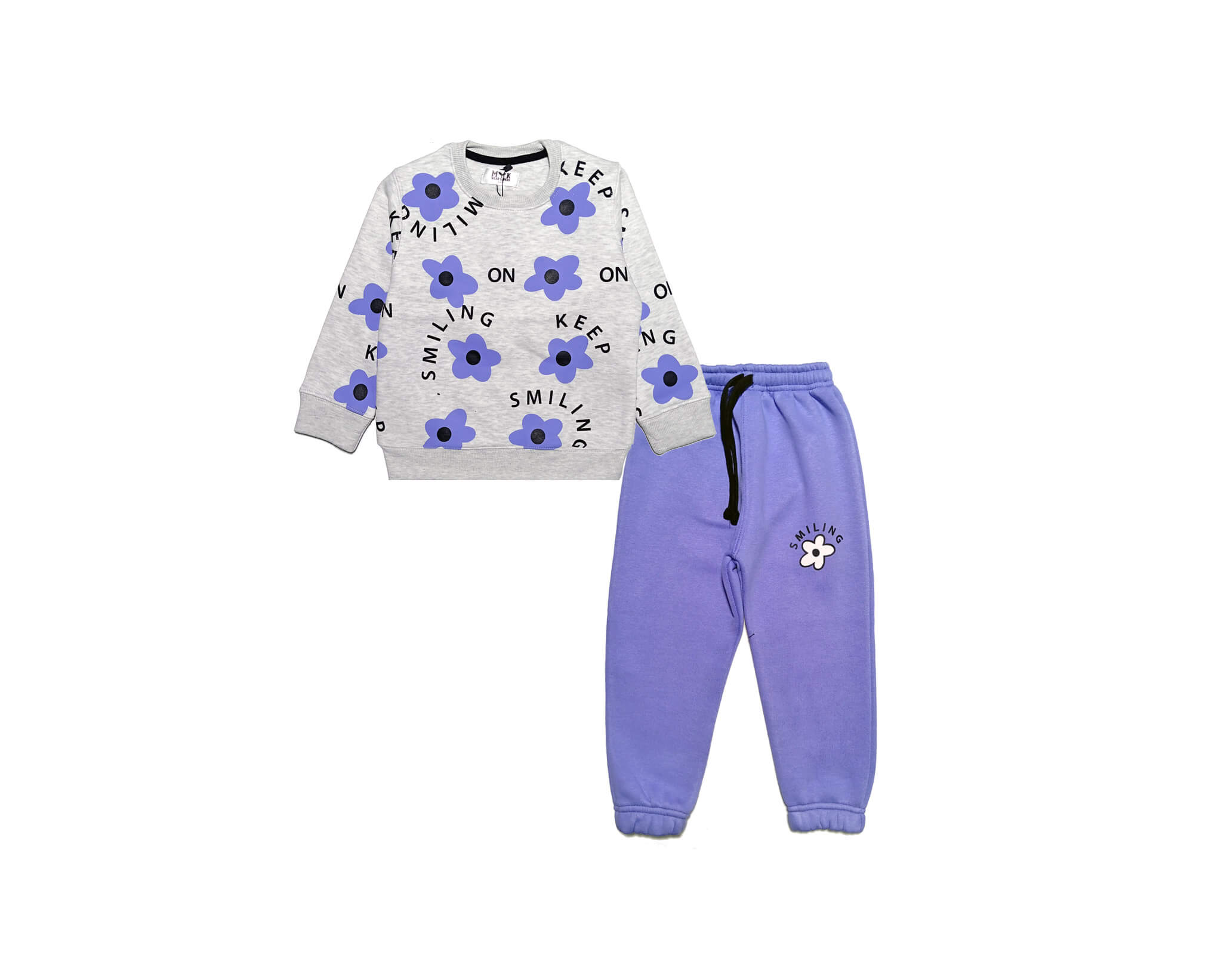 Keep Smilling Flowers Fleece Tracsuit -Grey &amp; Purple