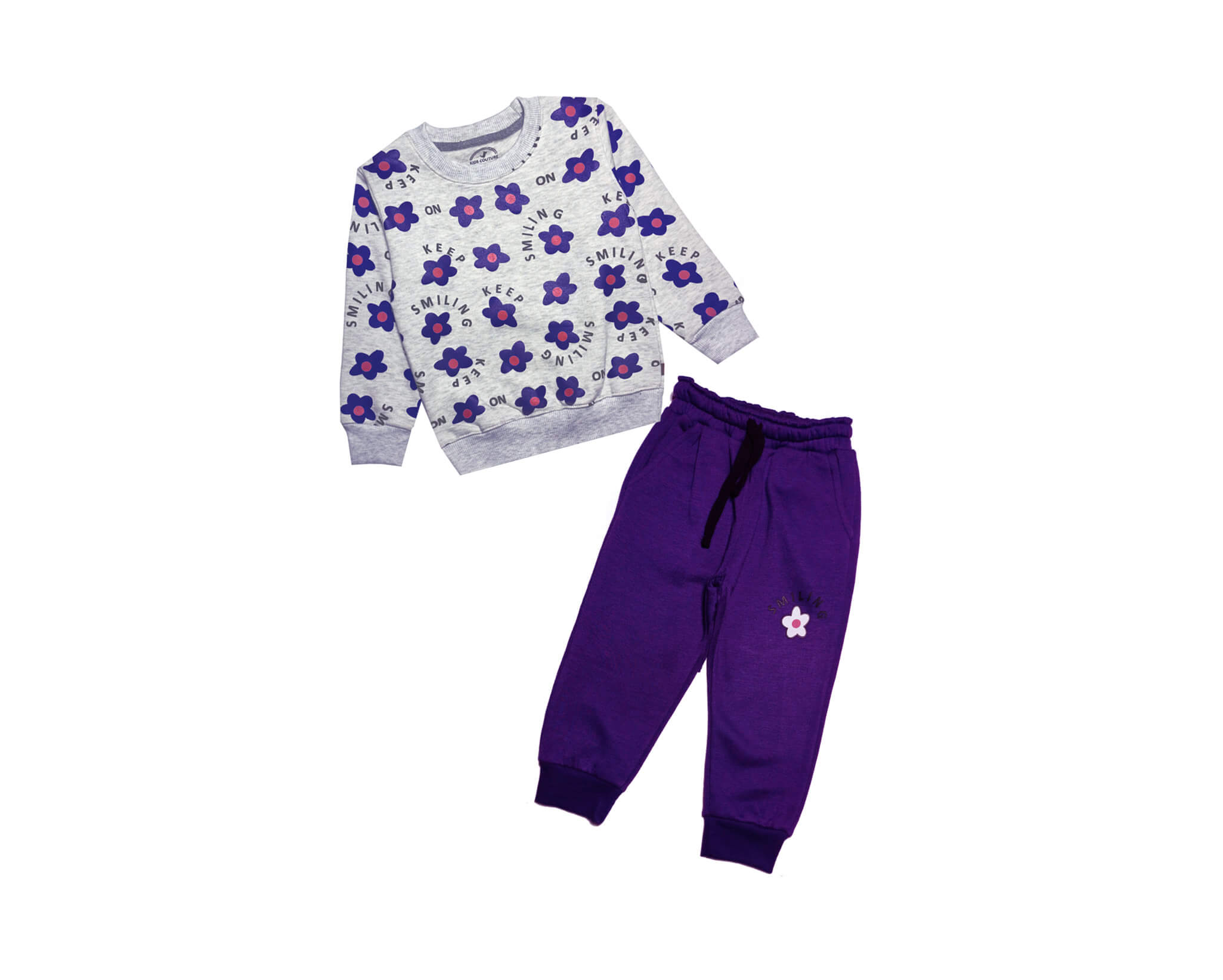 Keep Smilling Sunflowers Fleece Tracksuit - heather Grey &amp; Purple