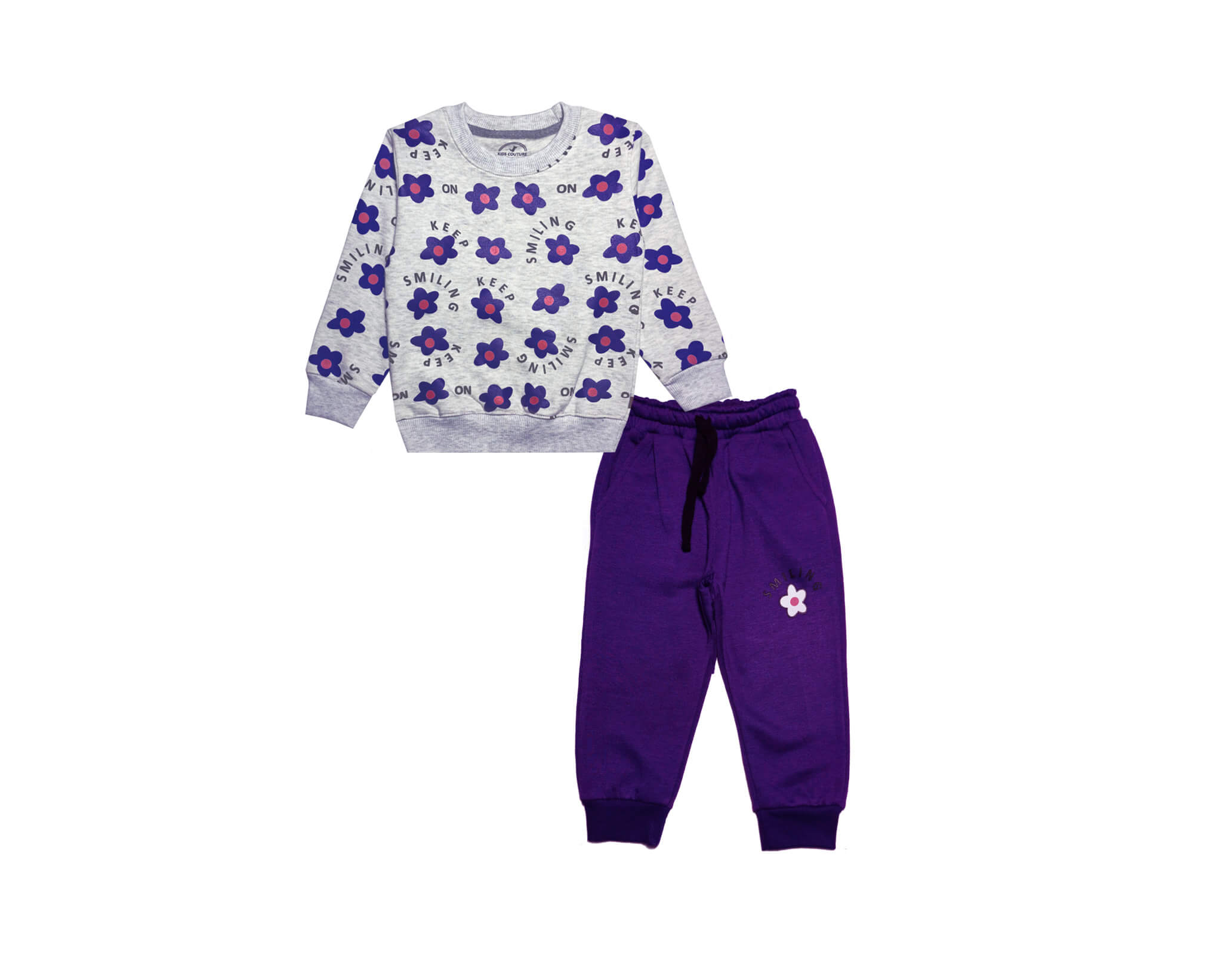 Keep Smilling Sunflowers Fleece Tracksuit - heather Grey &amp; Purple