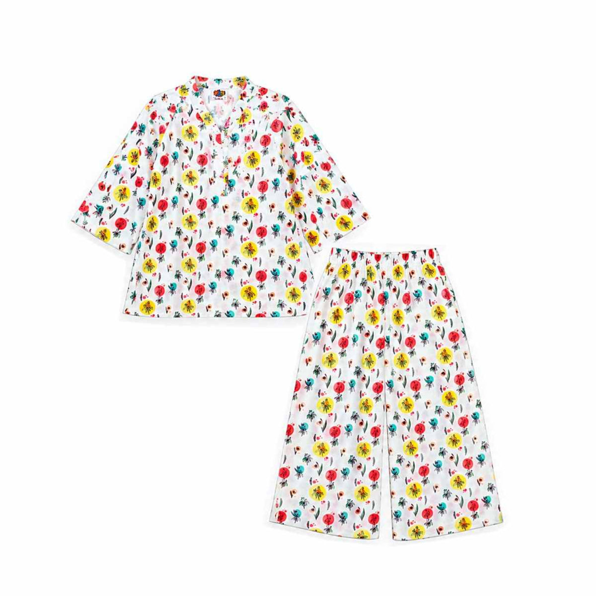 Kids Floral Printed Cotton - 2-Piece Pajama Set -white