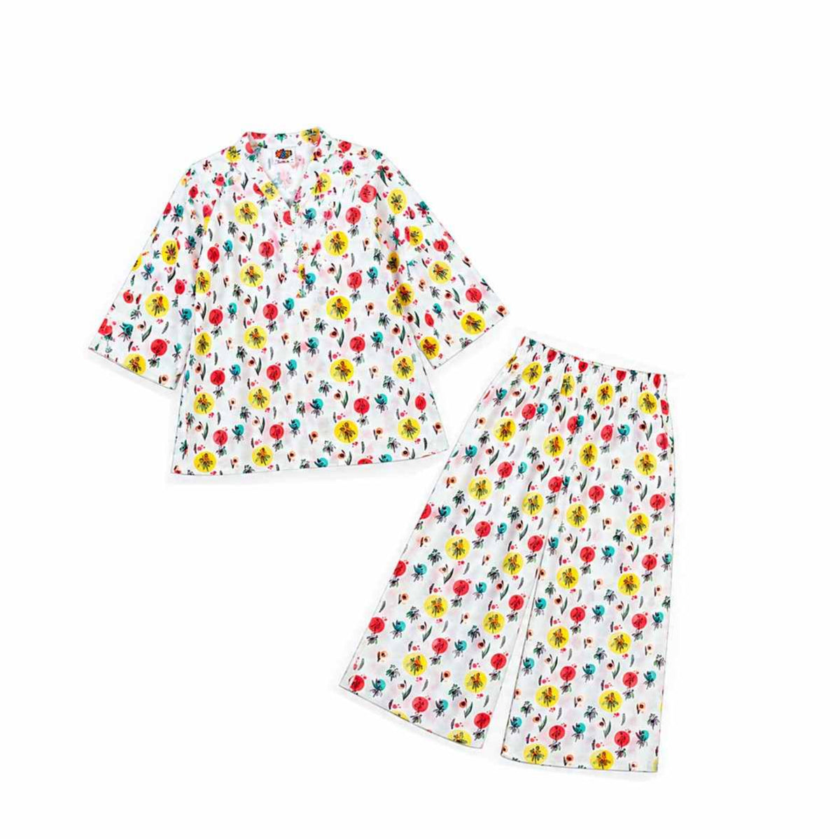 Kids Floral Printed Cotton - 2-Piece Pajama Set -white