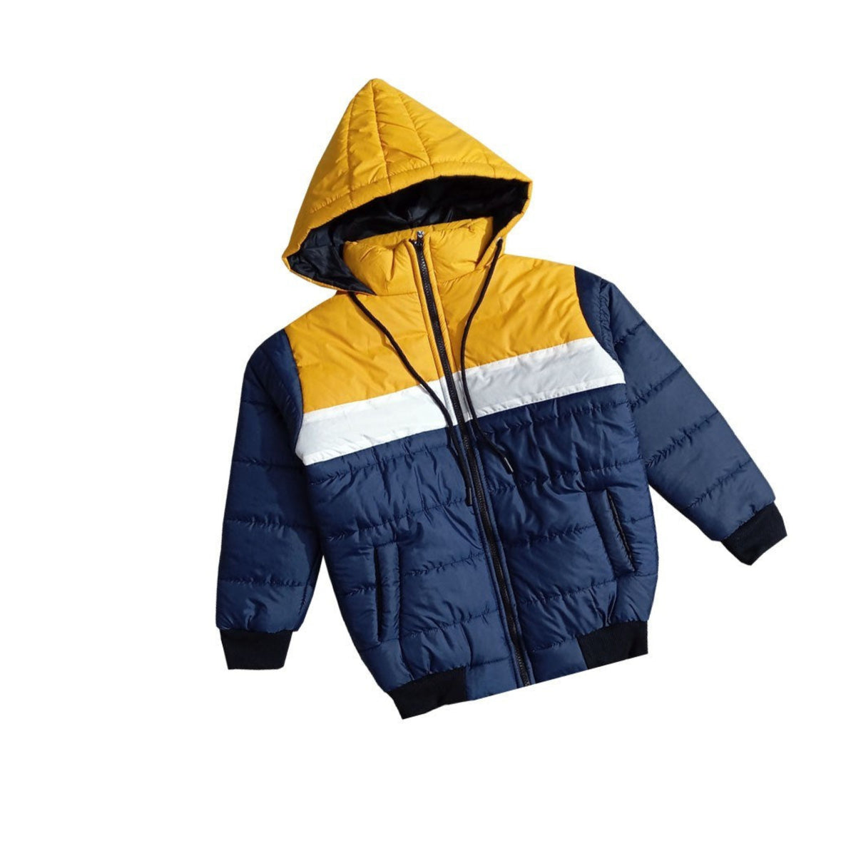 Kids Light Weight Full Sleeves Hooded Puffer Jacket - Navy White & Mustard