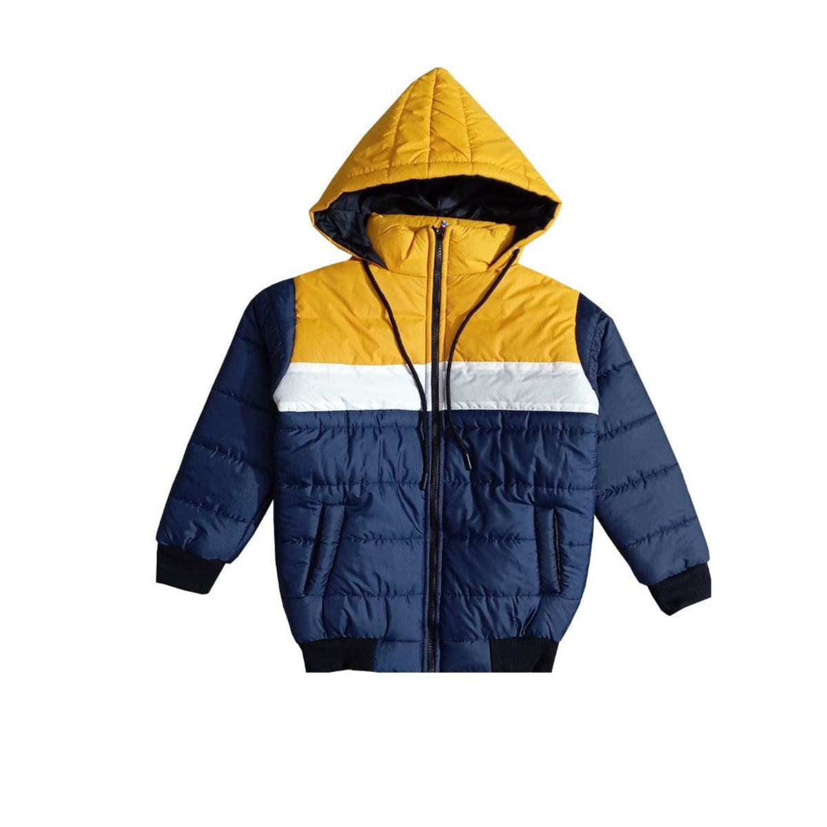 Kids Light Weight Full Sleeves Hooded Puffer Jacket - Navy White & Mustard