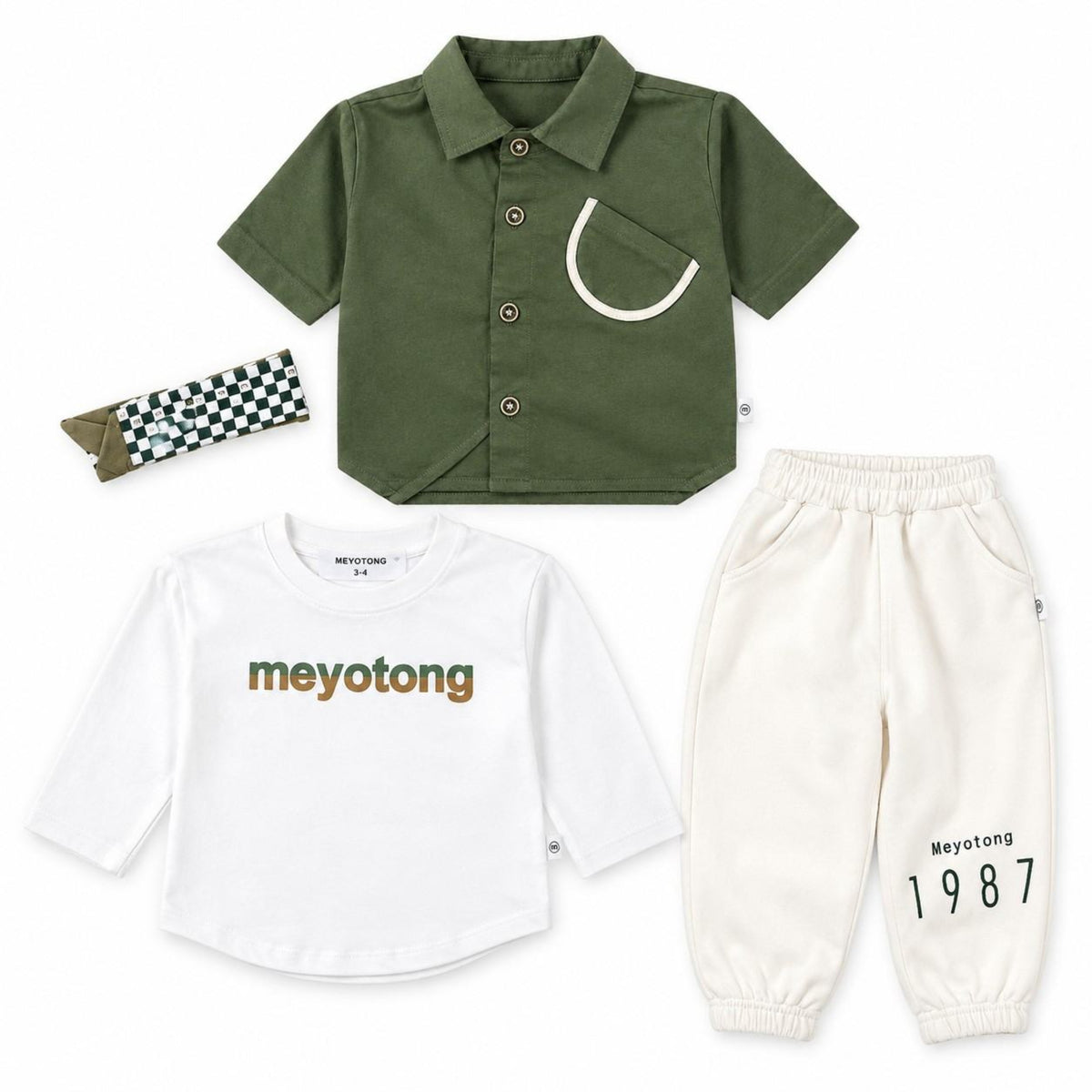 Kids Olive Shirt, White & Joggers 3-Piece -  Olive Green White & Cream 