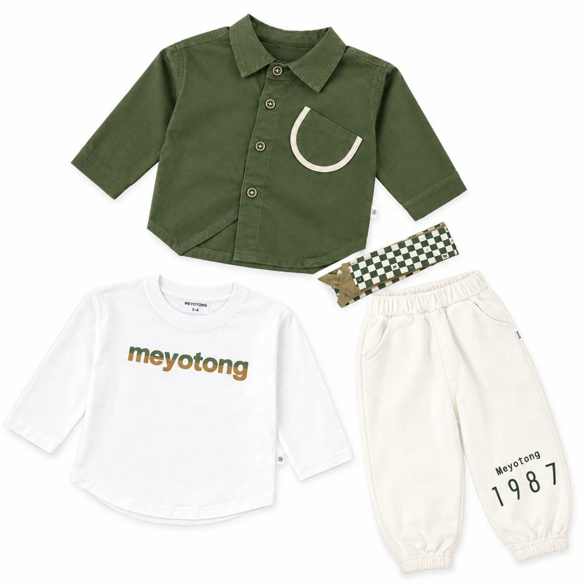 Kids Olive Shirt, White & Joggers 3-Piece -  Olive Green White & Cream 