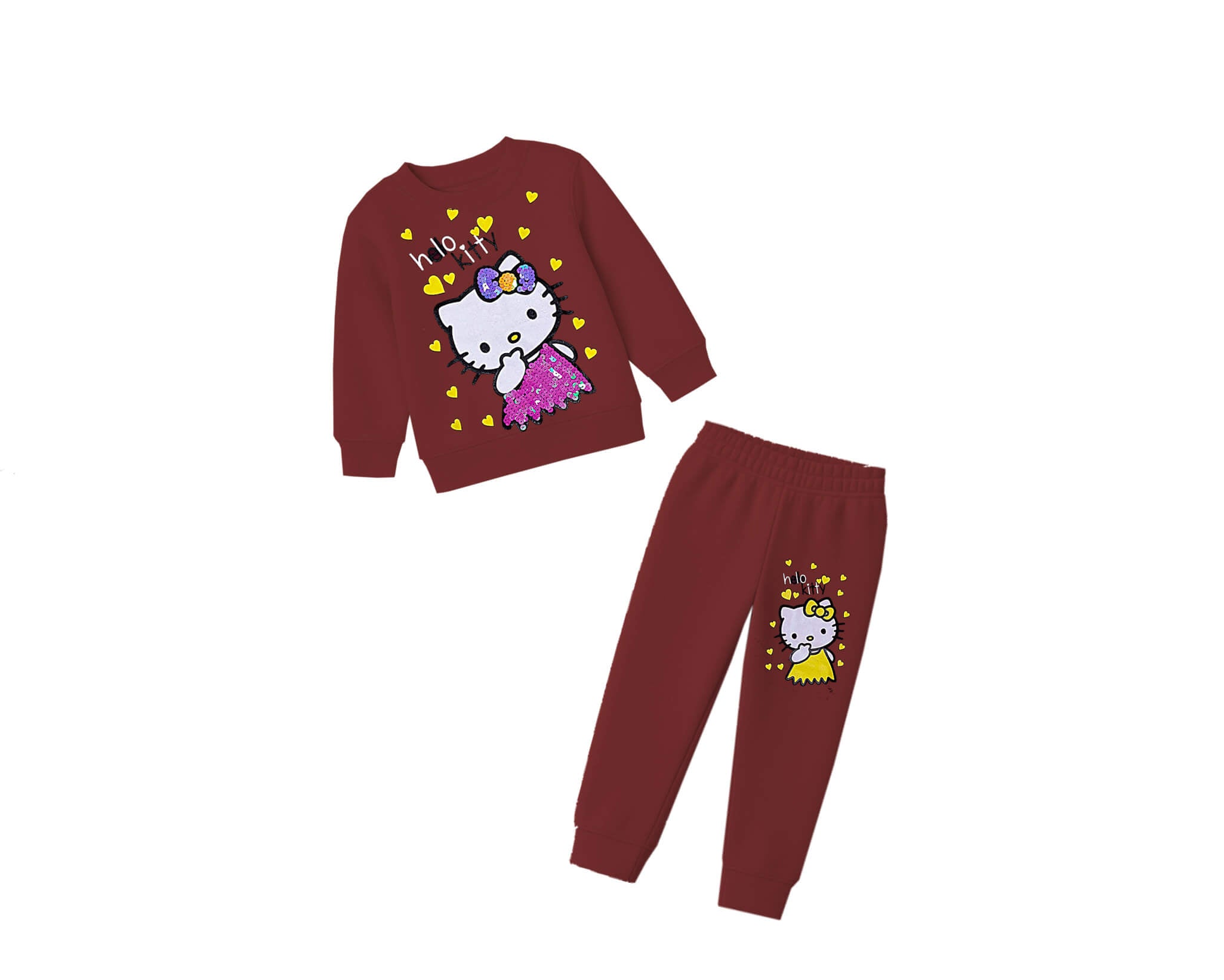Kitty with Hearts Pink Sequins Frock Fleece Tracksuit - Maroon