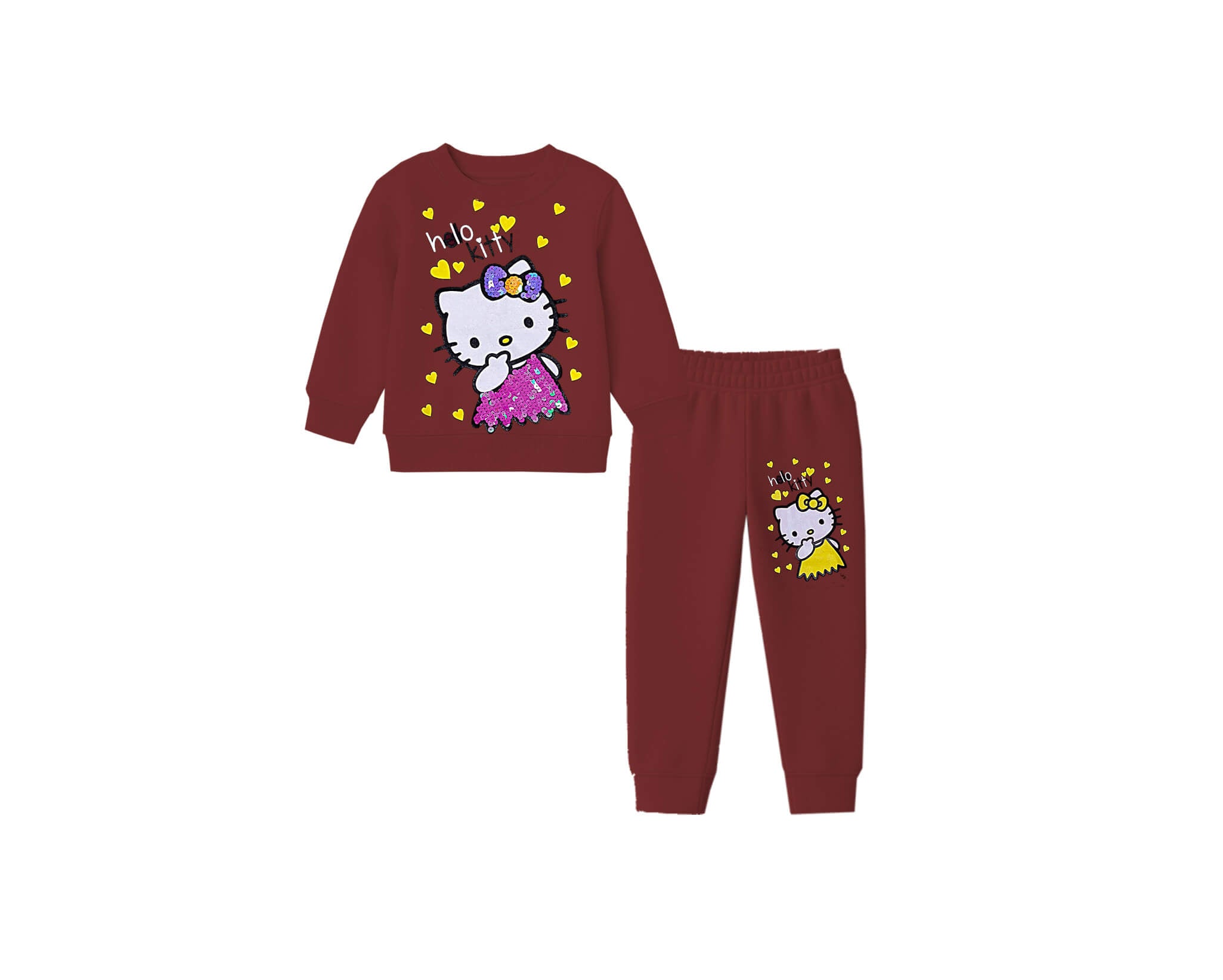 Kitty with Hearts Pink Sequins Frock Fleece Tracksuit - Maroon