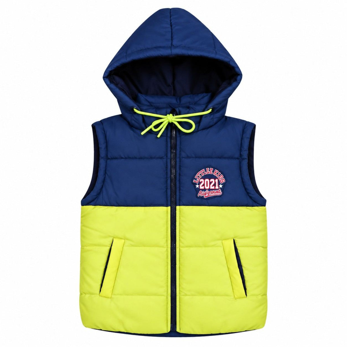 LC 2021 Puffer Sleeveless Hooded Puffer Jacket - Yellow & Navy
