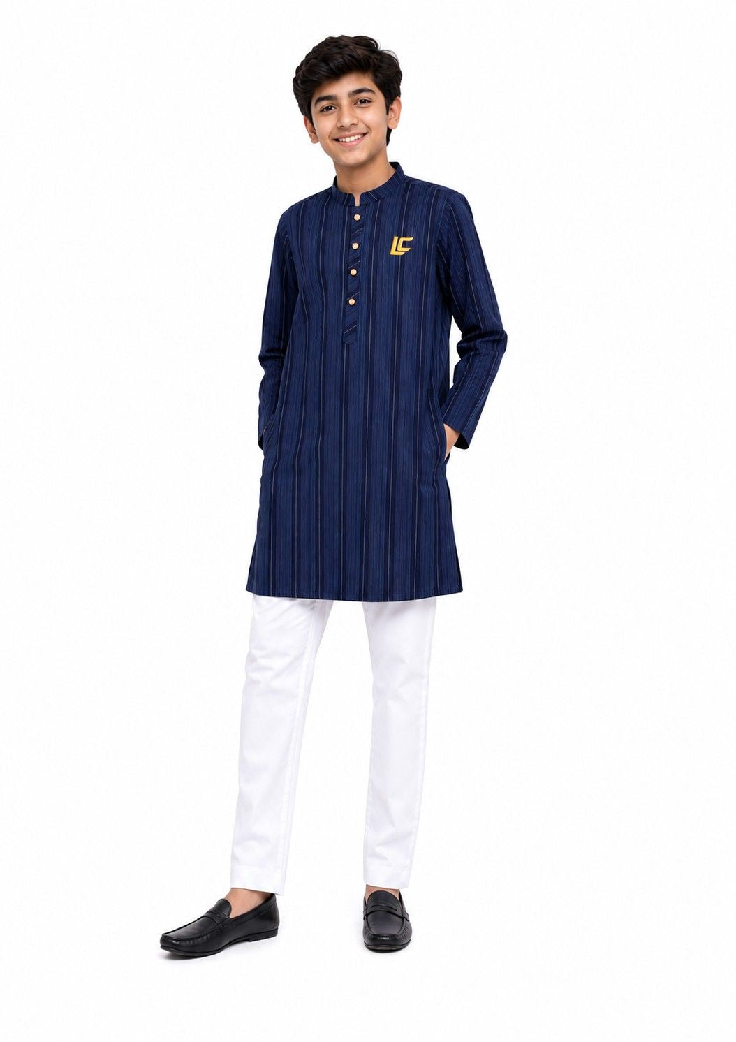 LC Embroidered Logo Strips Kurta & Trouser - Navy Blue