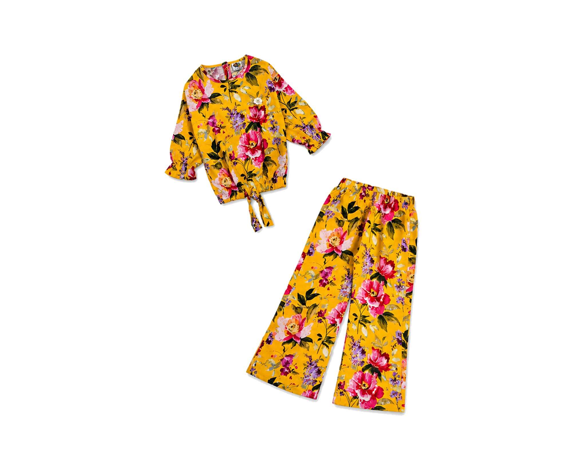 Large Flowers Printed Top & Flapper Trouser - Yellow-1