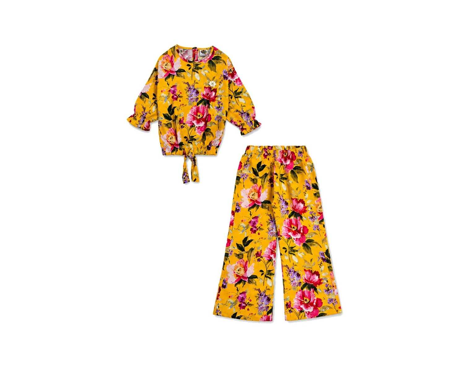 Large Flowers Printed Top & Flapper Trouser - Yellow-2