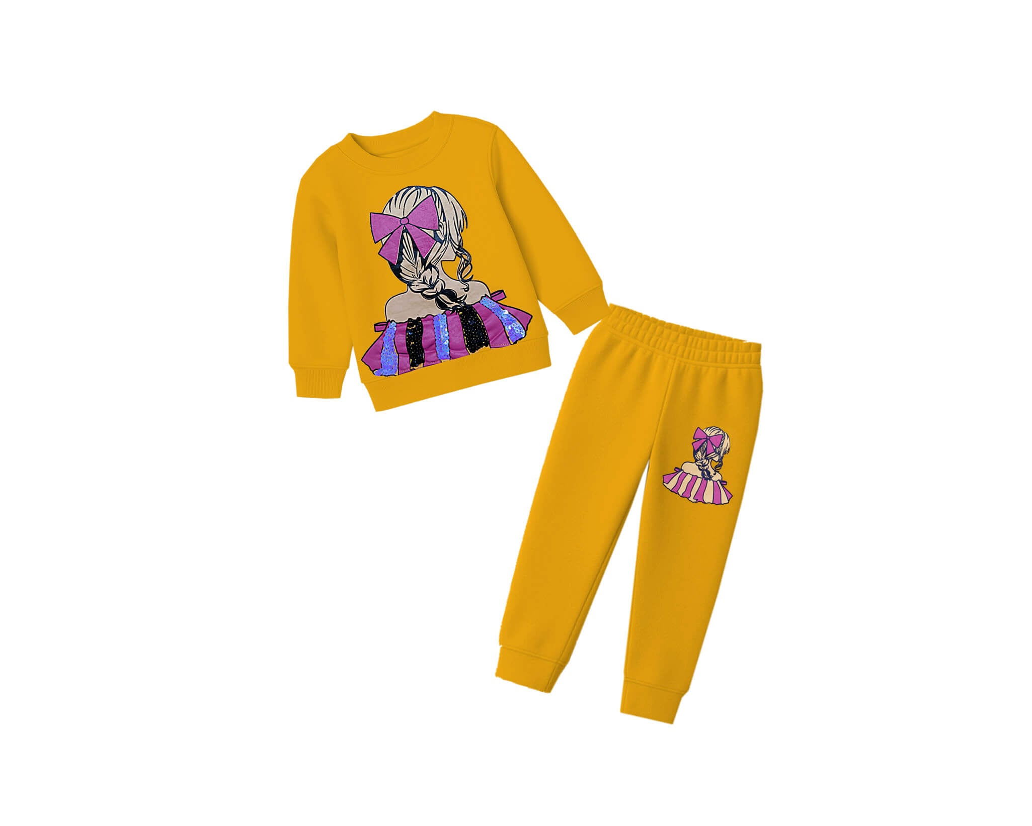 Layers Sequins Frock Doll Fleece Tracksuit -Mustard-1