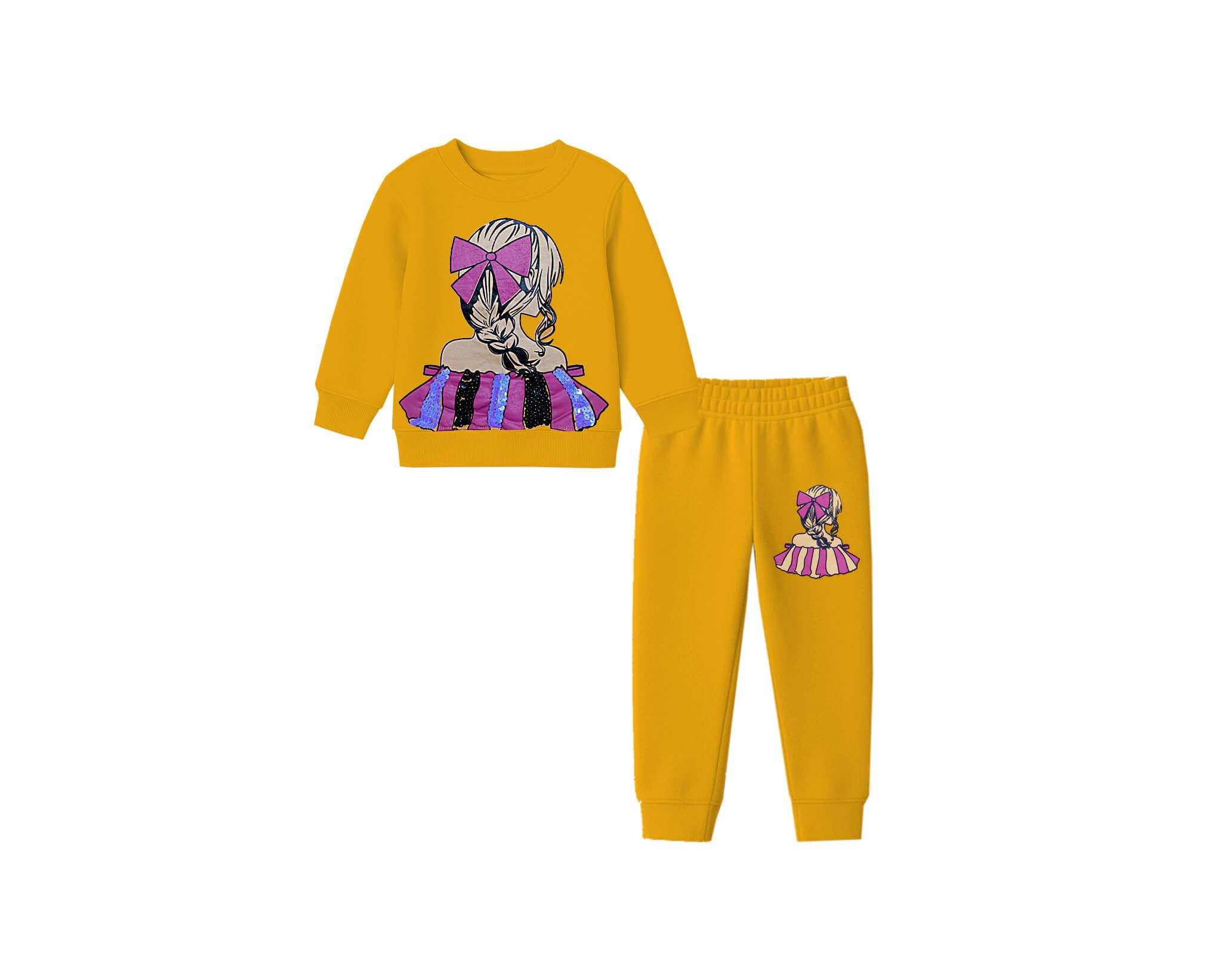 Layers Sequins Frock Doll Fleece Tracksuit -Mustard