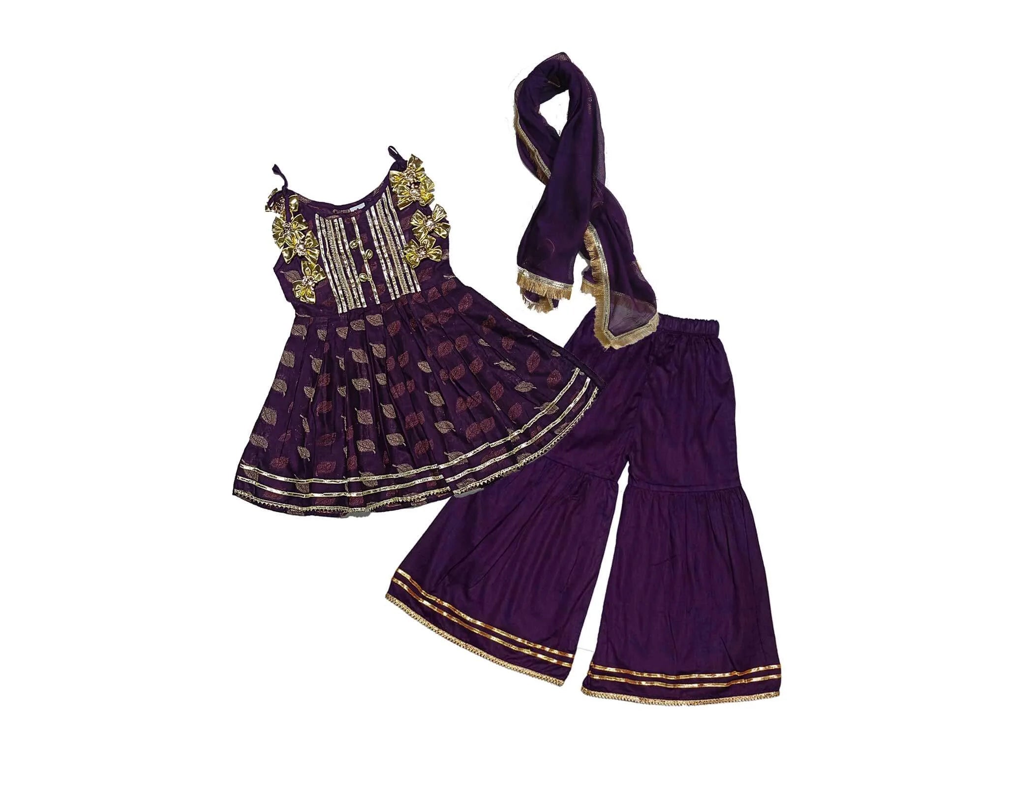 Leaf Festive Fancy Brochia Lawn Frock &amp; Gharrara -Purple