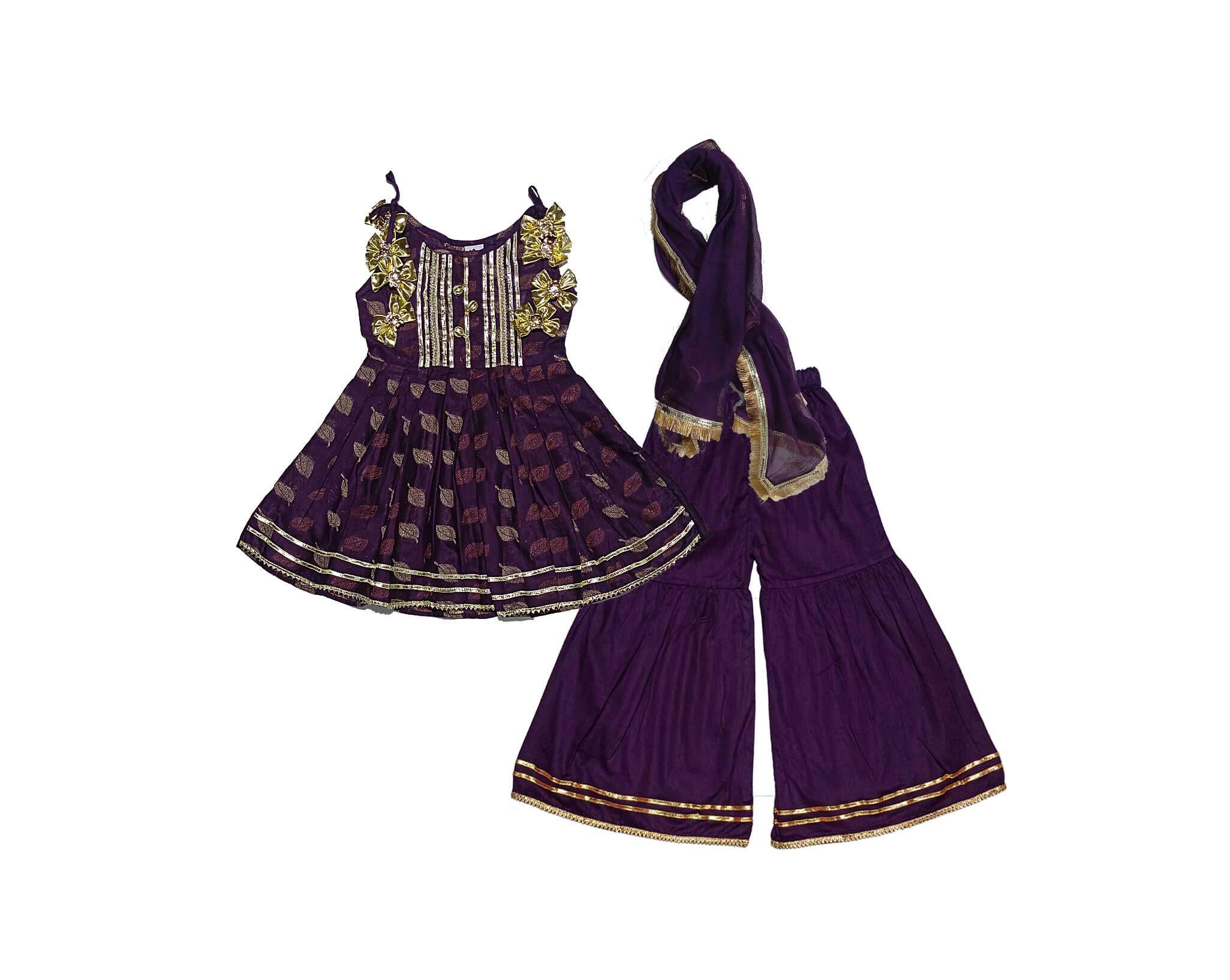 Leaf Festive Fancy Brochia Lawn Frock &amp; Gharrara -Purple