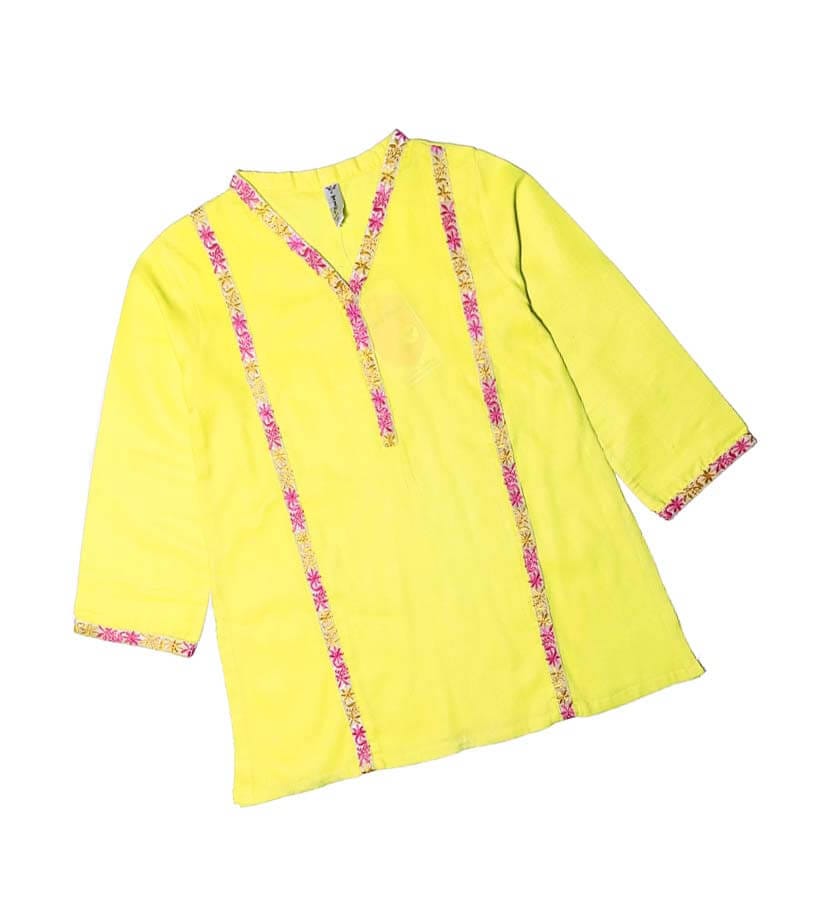 Lemon Kurti WIth Pink & Orange Embroidered Patch - Cotton