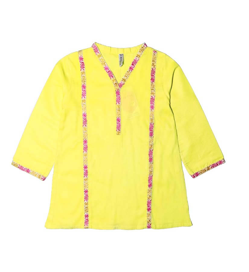 Lemon Kurti WIth Pink & Orange Embroidered Patch - Cotton