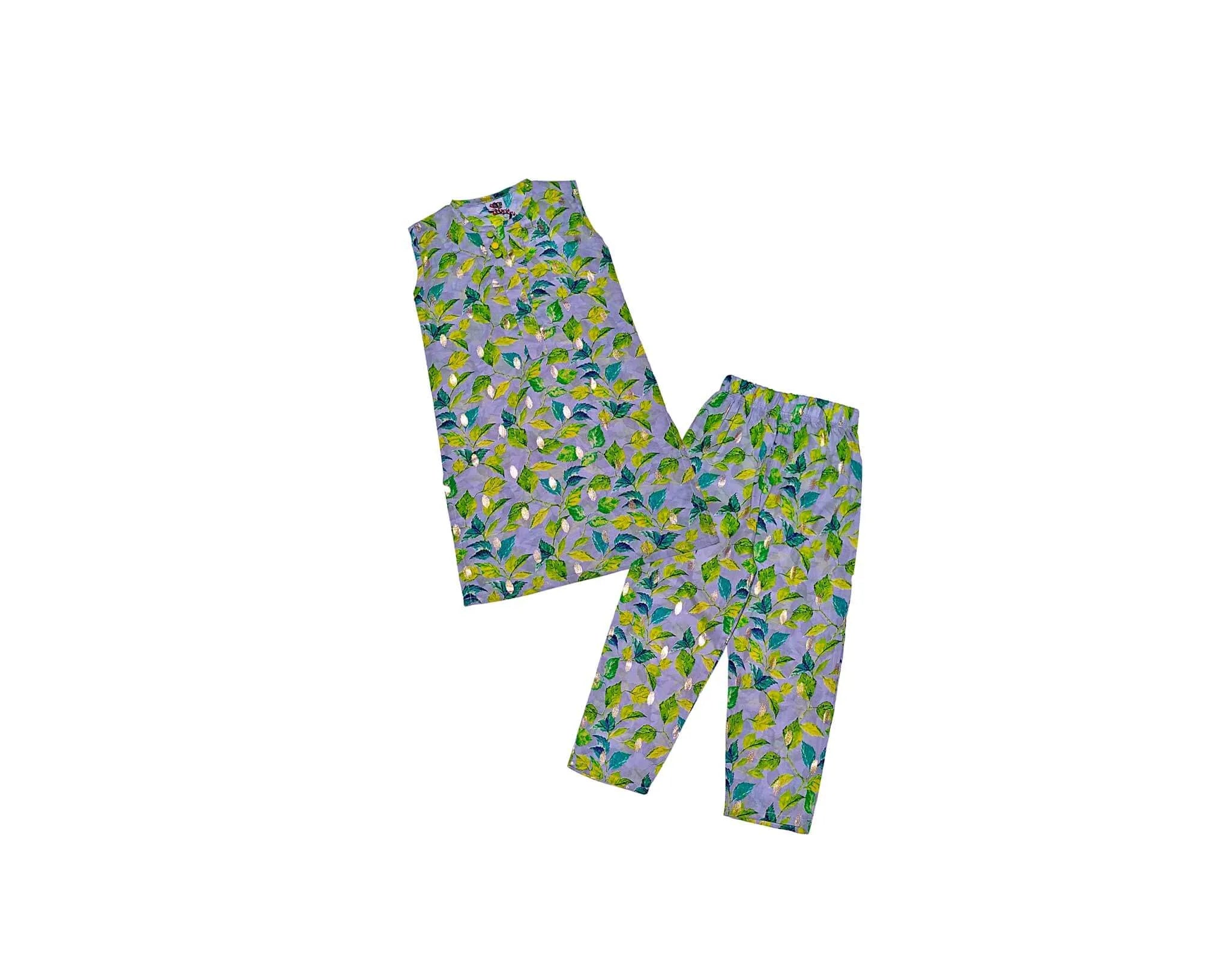 Lemon Leaves Sleeveless Lawn Fabric Kurti &amp; Trouser -Light Grey