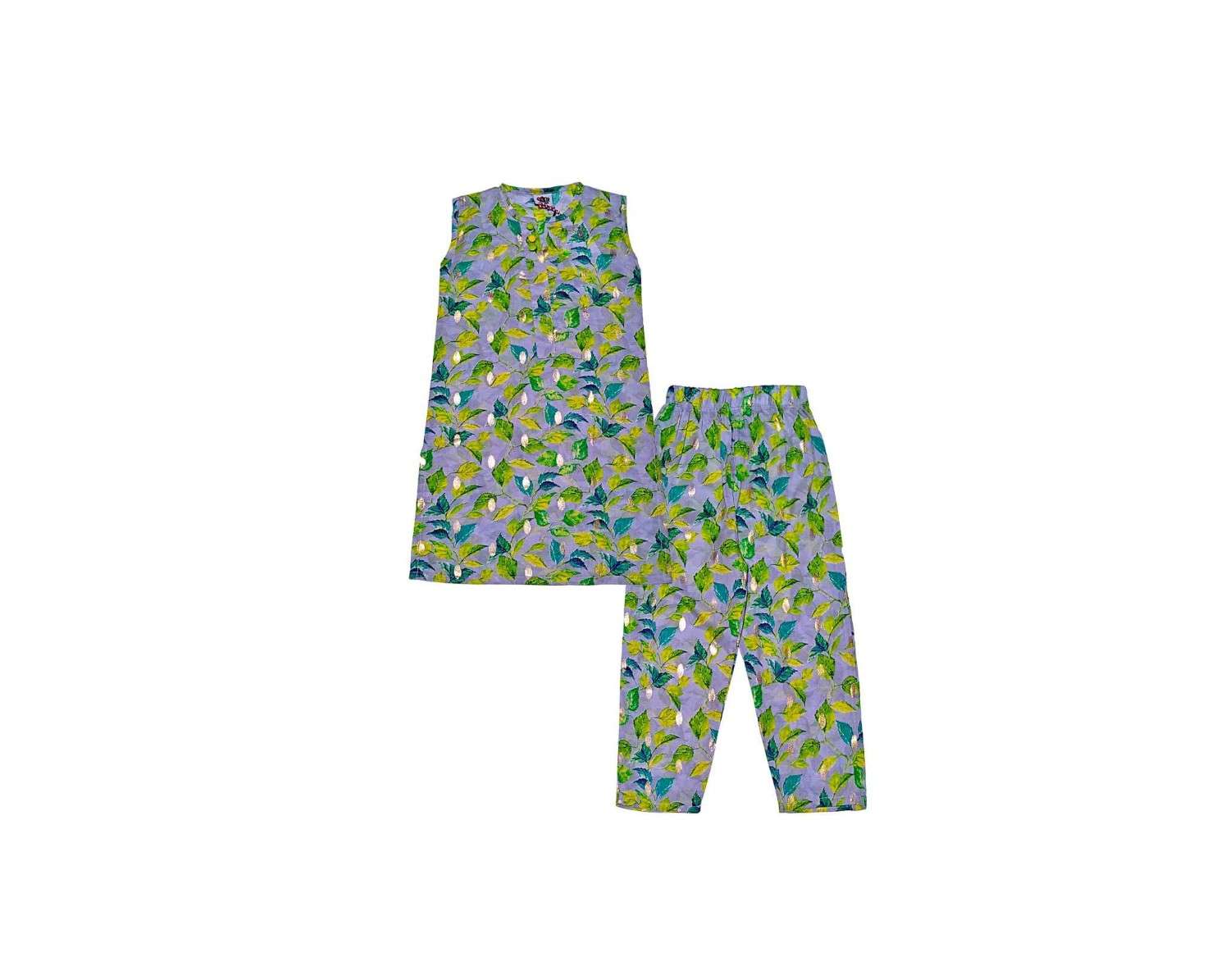 Lemon Leaves Sleeveless Lawn Fabric Kurti &amp; Trouser -Light Grey
