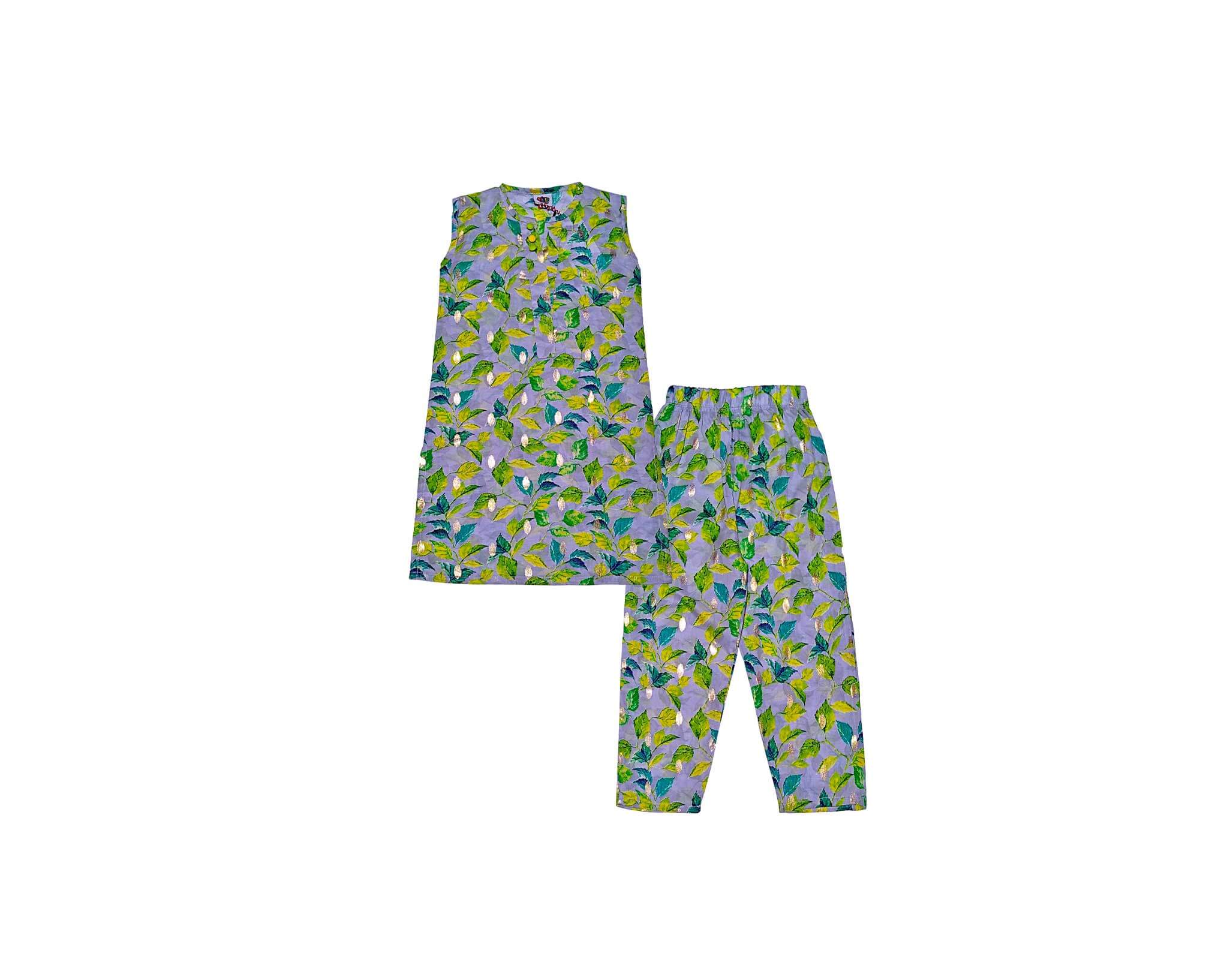 Lemon Leaves Sleeveless Lawn Fabric Kurti &amp; Trouser -Light Grey