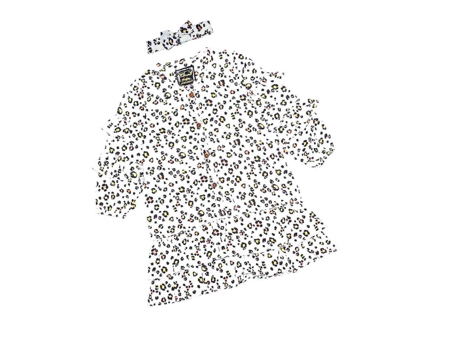 Leopard Print Frill Sleeves With Hairband Cotton Frock - White