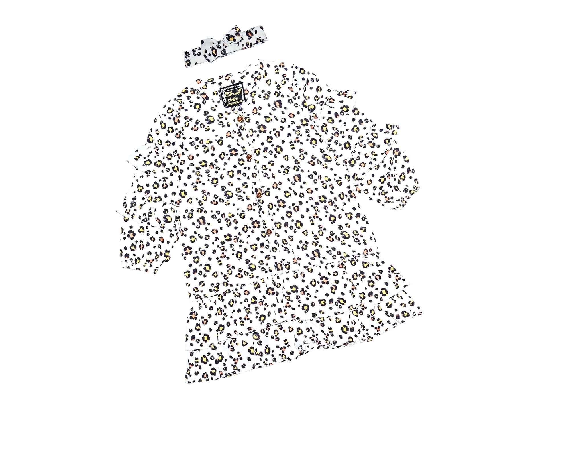 Leopard Print Frill Sleeves With Hairband Cotton Frock - White