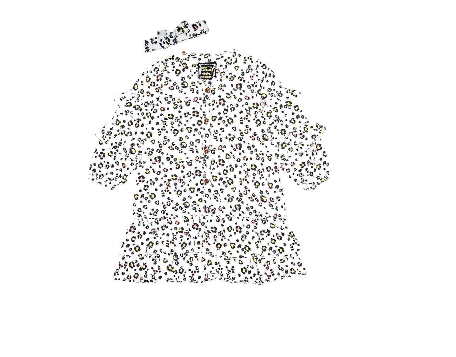 Leopard Print Frill Sleeves With Hairband Cotton Frock - White