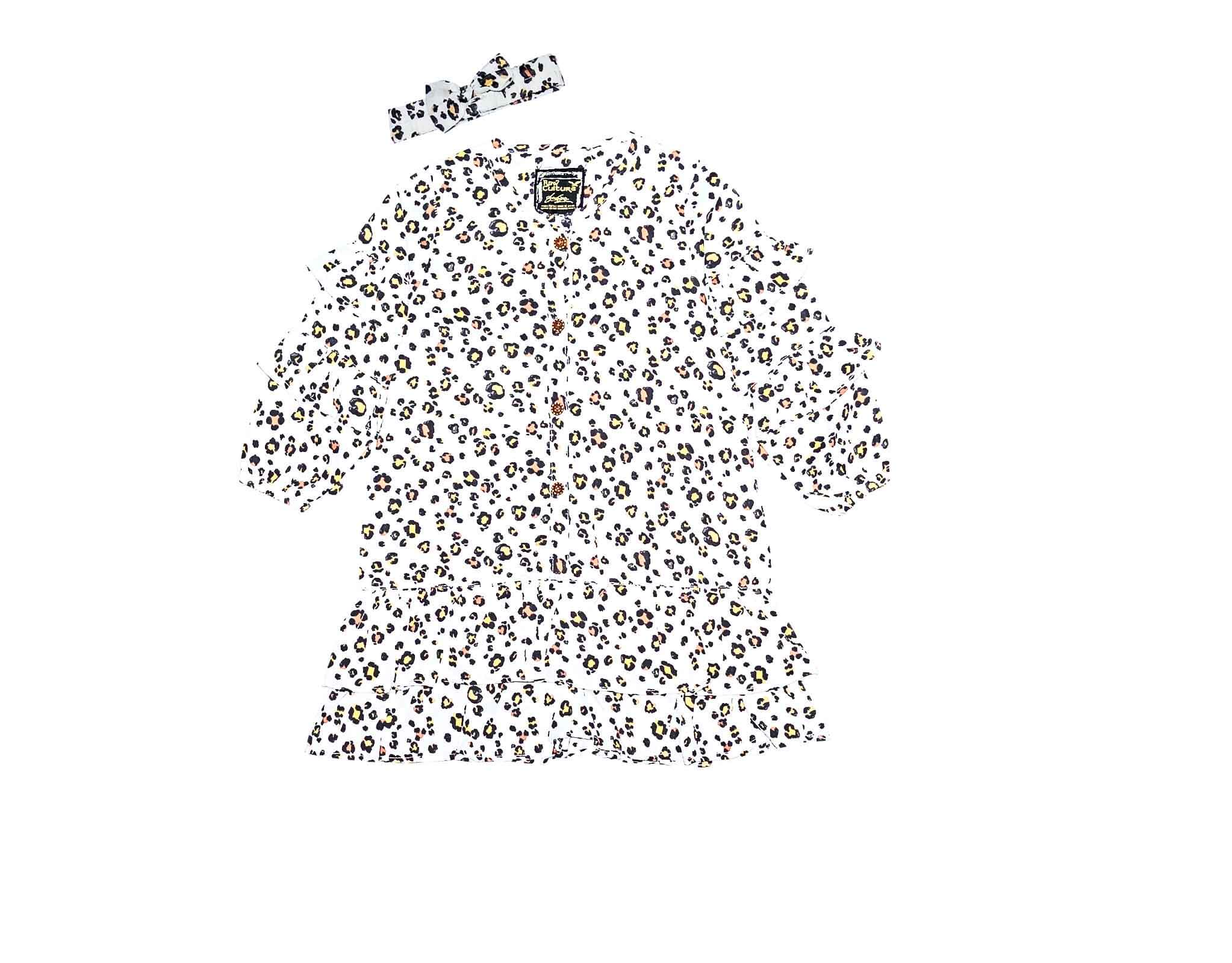 Leopard Print Frill Sleeves With Hairband Cotton Frock - White