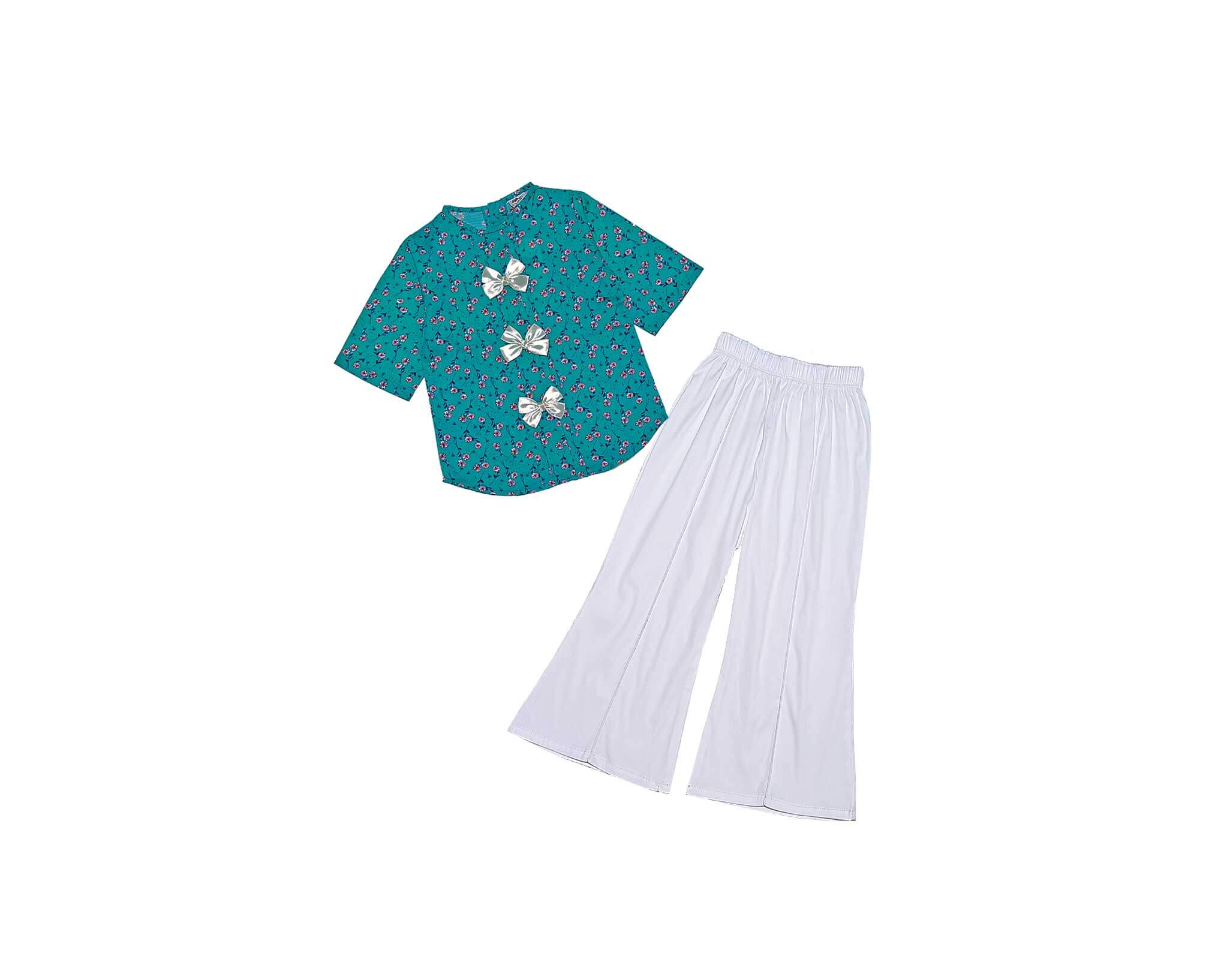 Lilly Floral  Pleatts Top With Flapper Trouser – Sea Green White
