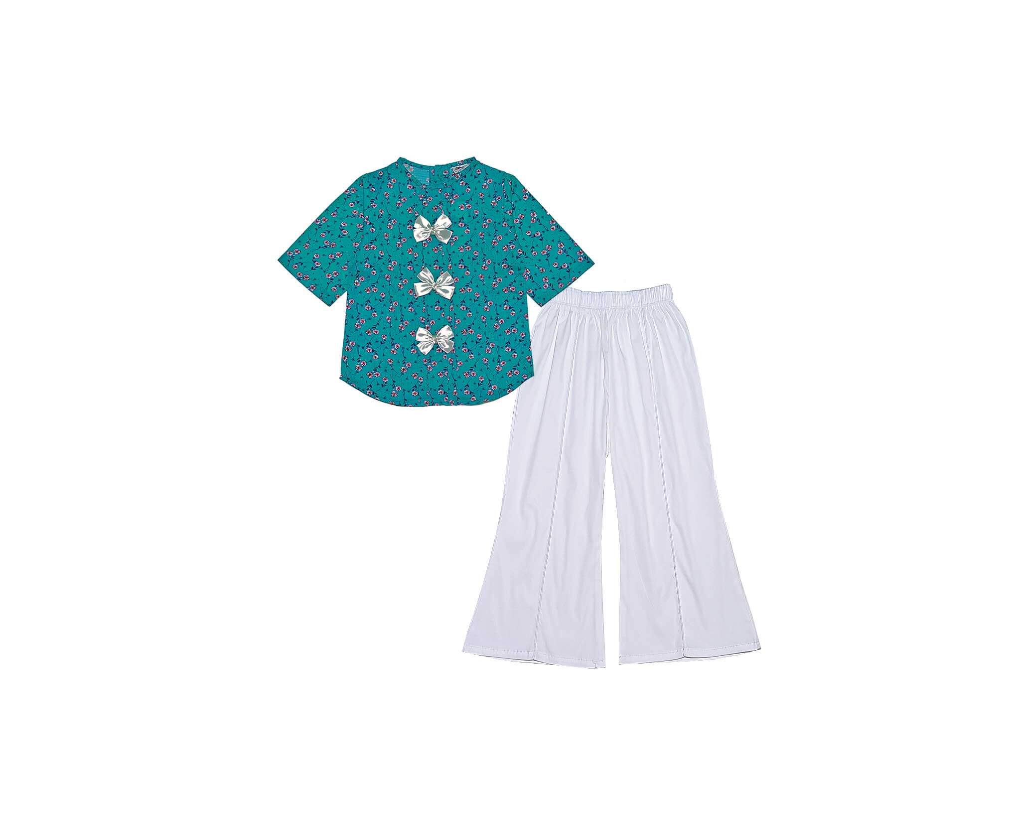 Lilly Floral  Pleatts Top With Flapper Trouser – Sea Green White