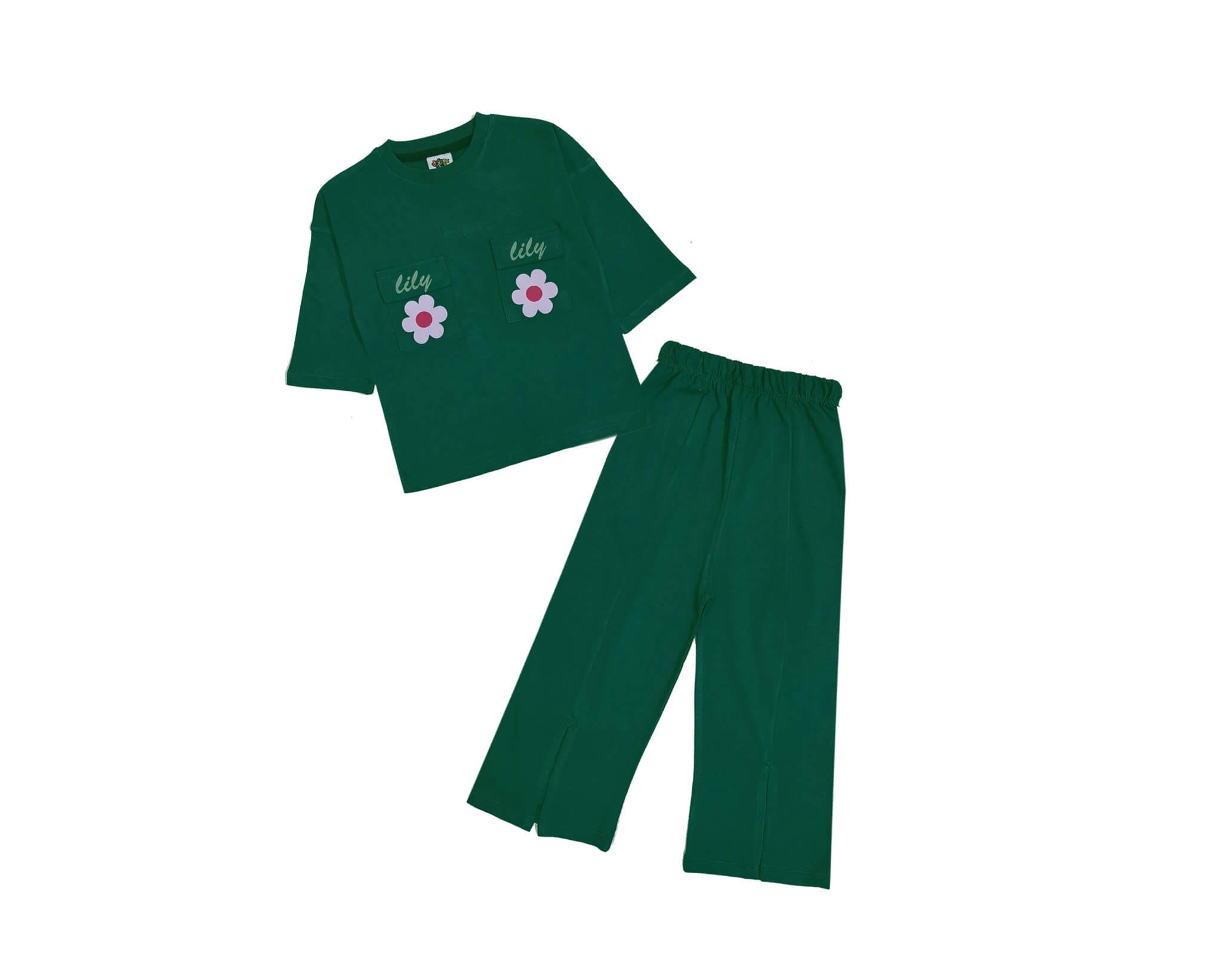 Lilly Flowers Double Flap Pocket Shirt &amp; Bottom Cut Flare Trouser - Green