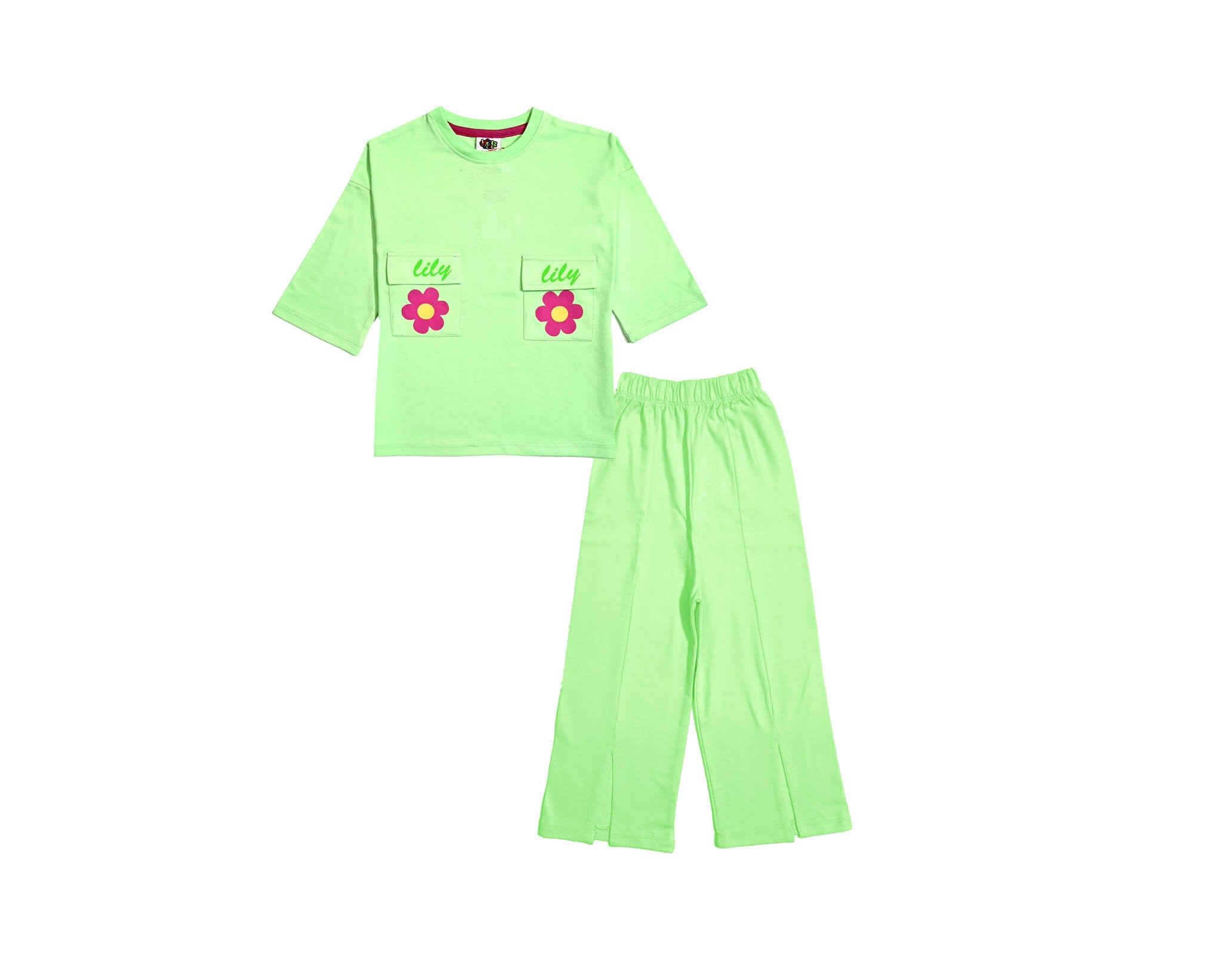 Lilly Flowers Double Flap Pocket Shirt &amp; Bottom Cut Flare Trouser Pistachio Green