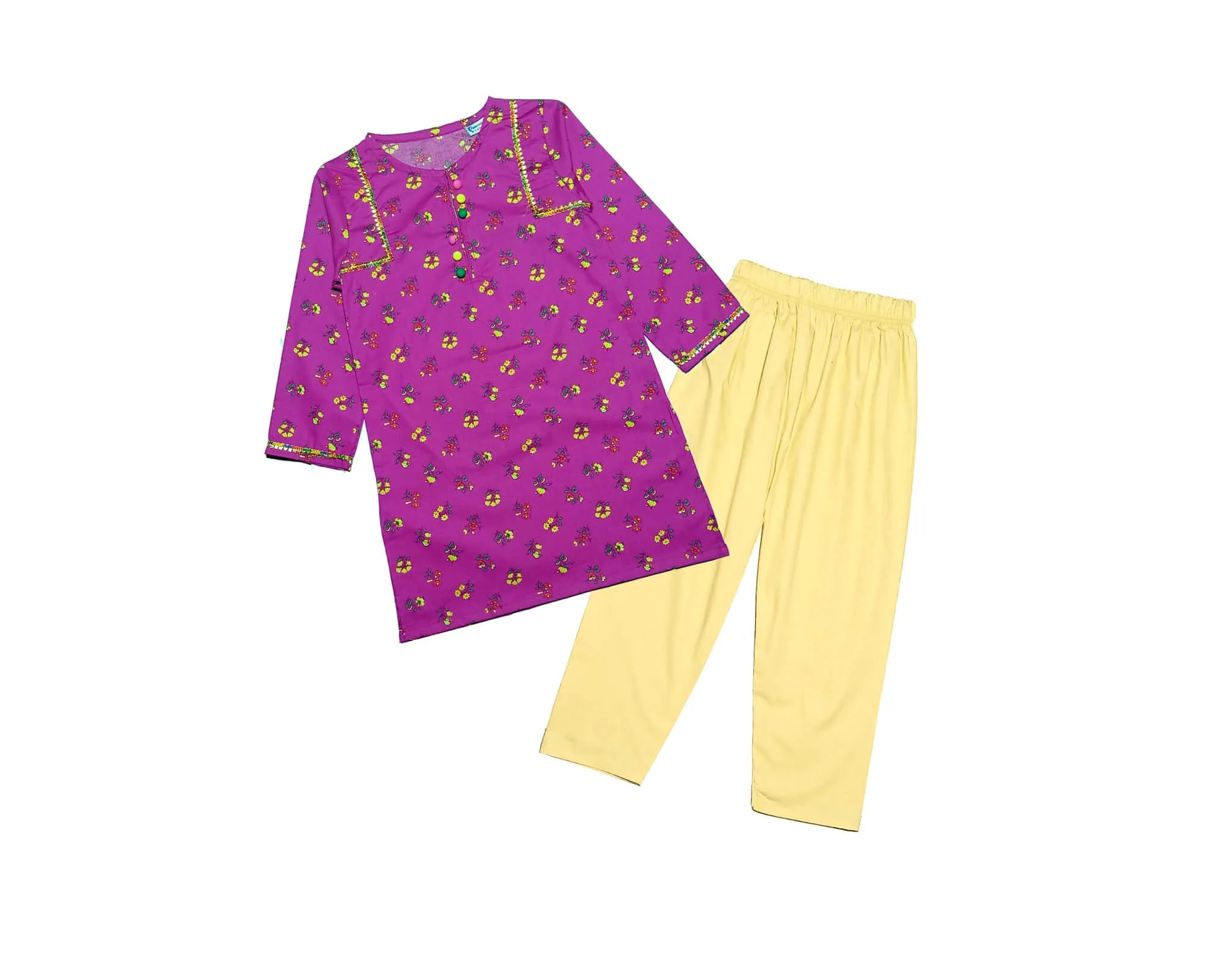 Lillys Florals With Lace Work Kurti &amp; Trouser - Magenta &amp; Lime Yellow