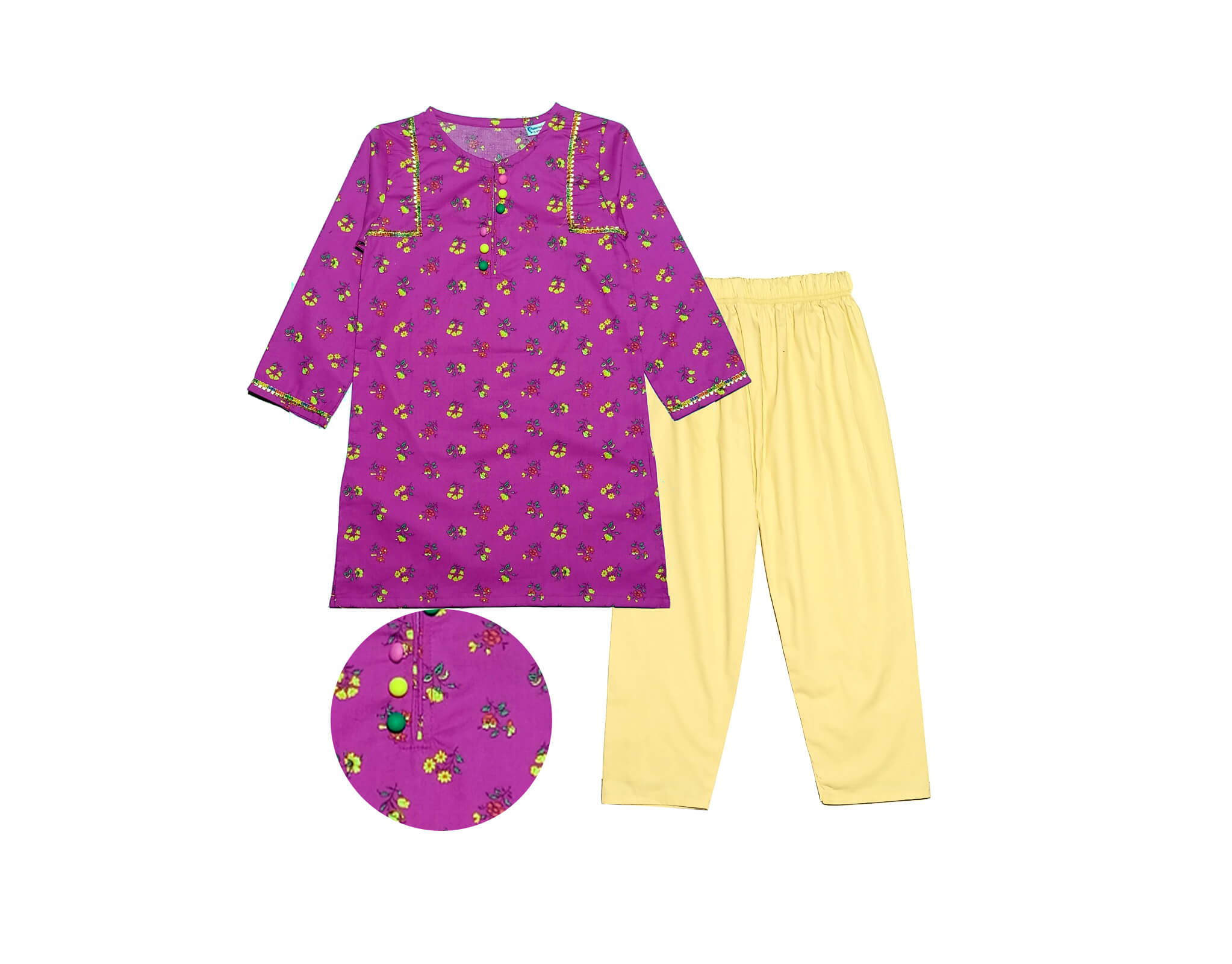 Lillys Florals With Lace Work Kurti &amp; Trouser - Magenta &amp; Lime Yellow