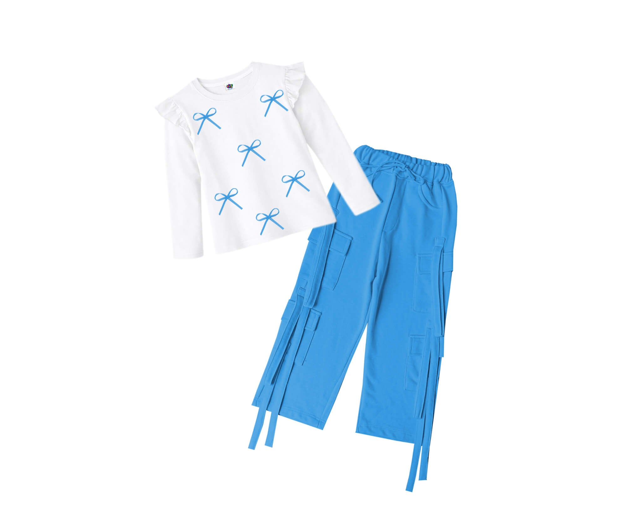 Little Blue Ribbons  Bow Full sleeves Tee &amp; Cargo Terry Trouser - White &amp; Blue