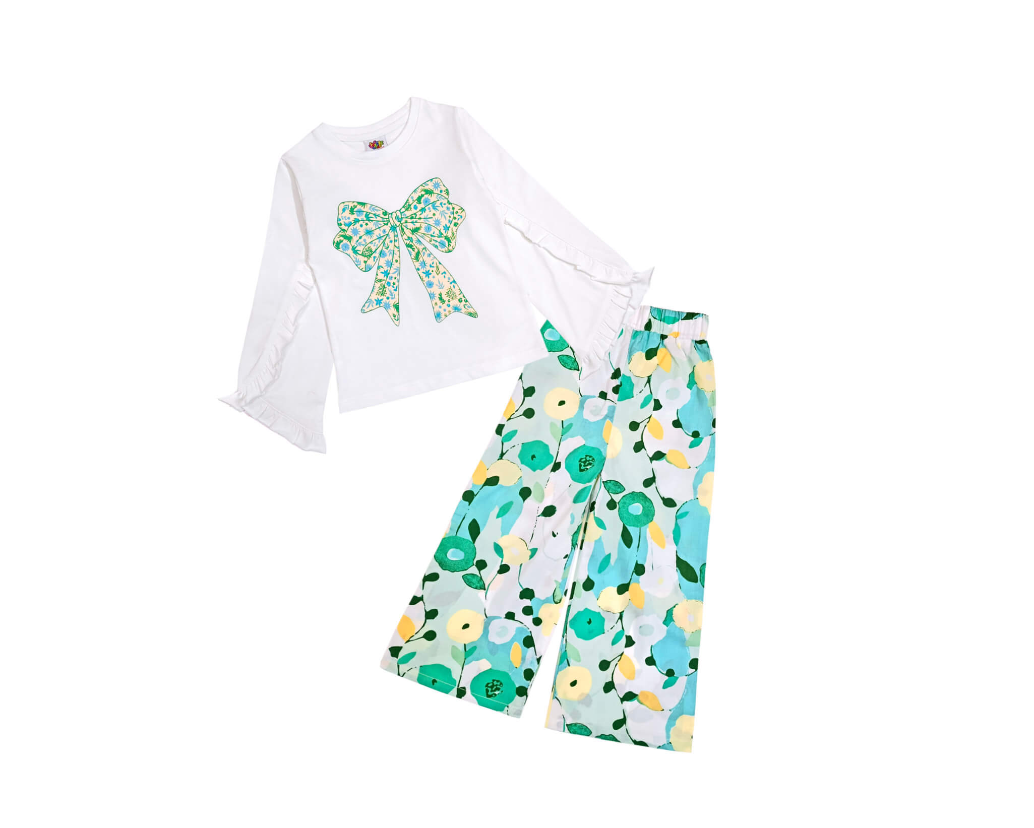 Little Daisy Bow Frill Bell Style Sleeves Tee &amp; Flare Cotton Trouser - White &amp; Sea Green
