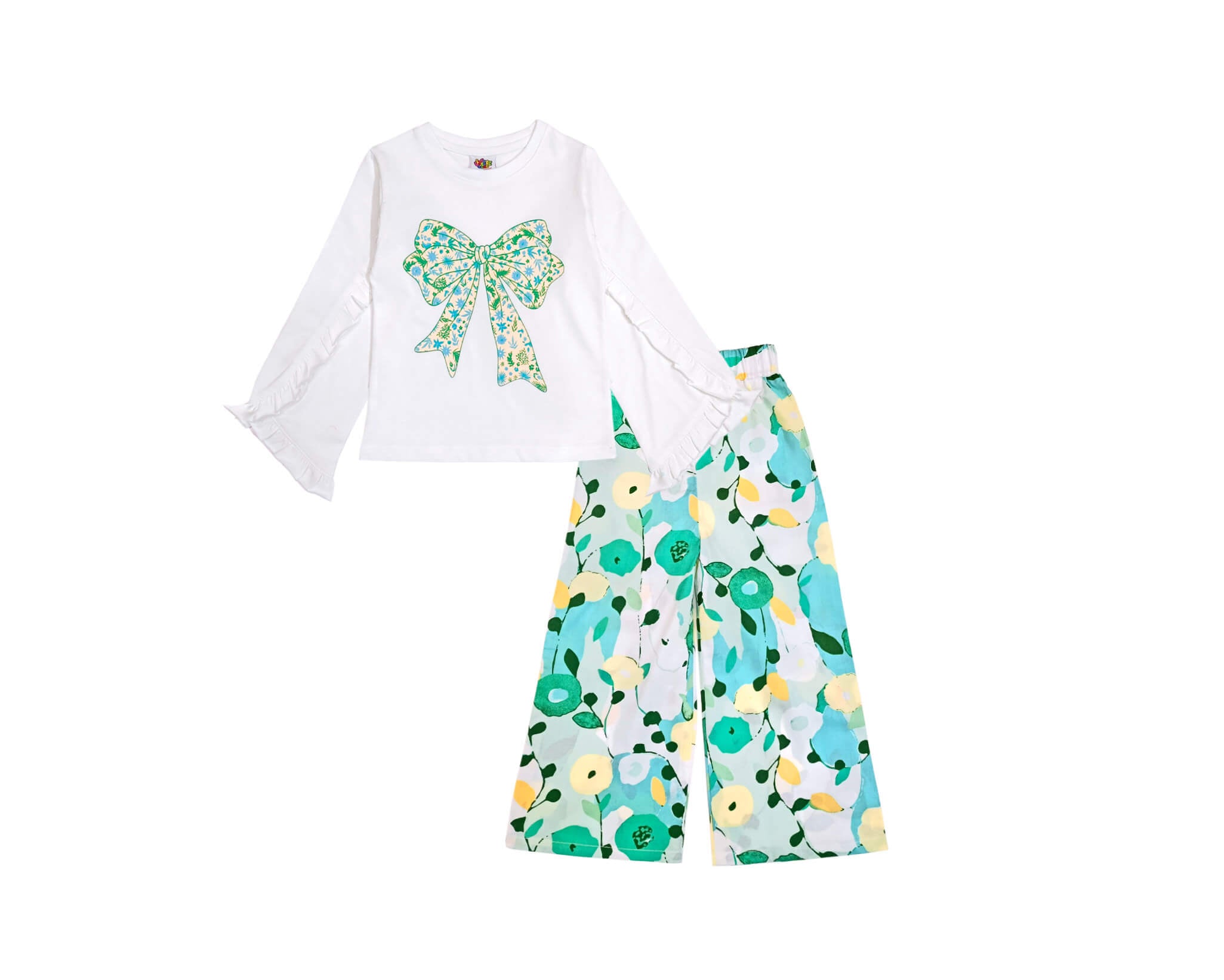 Little Daisy Bow Frill Bell Style Sleeves Tee &amp; Flare Cotton Trouser - White &amp; Sea Green