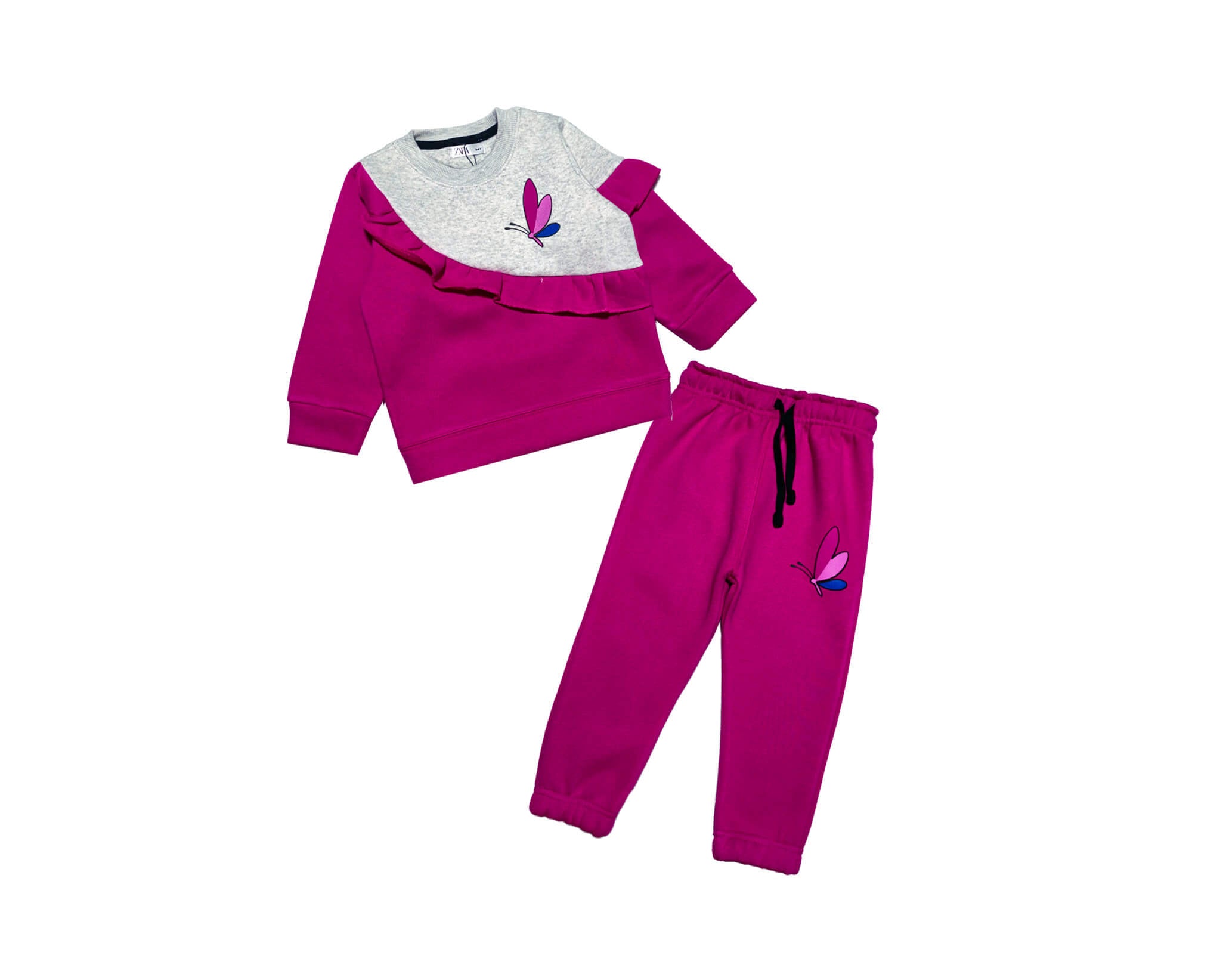 Little One Butterfly Frill Style Loose Fit Tracksuit -Shocking Pink