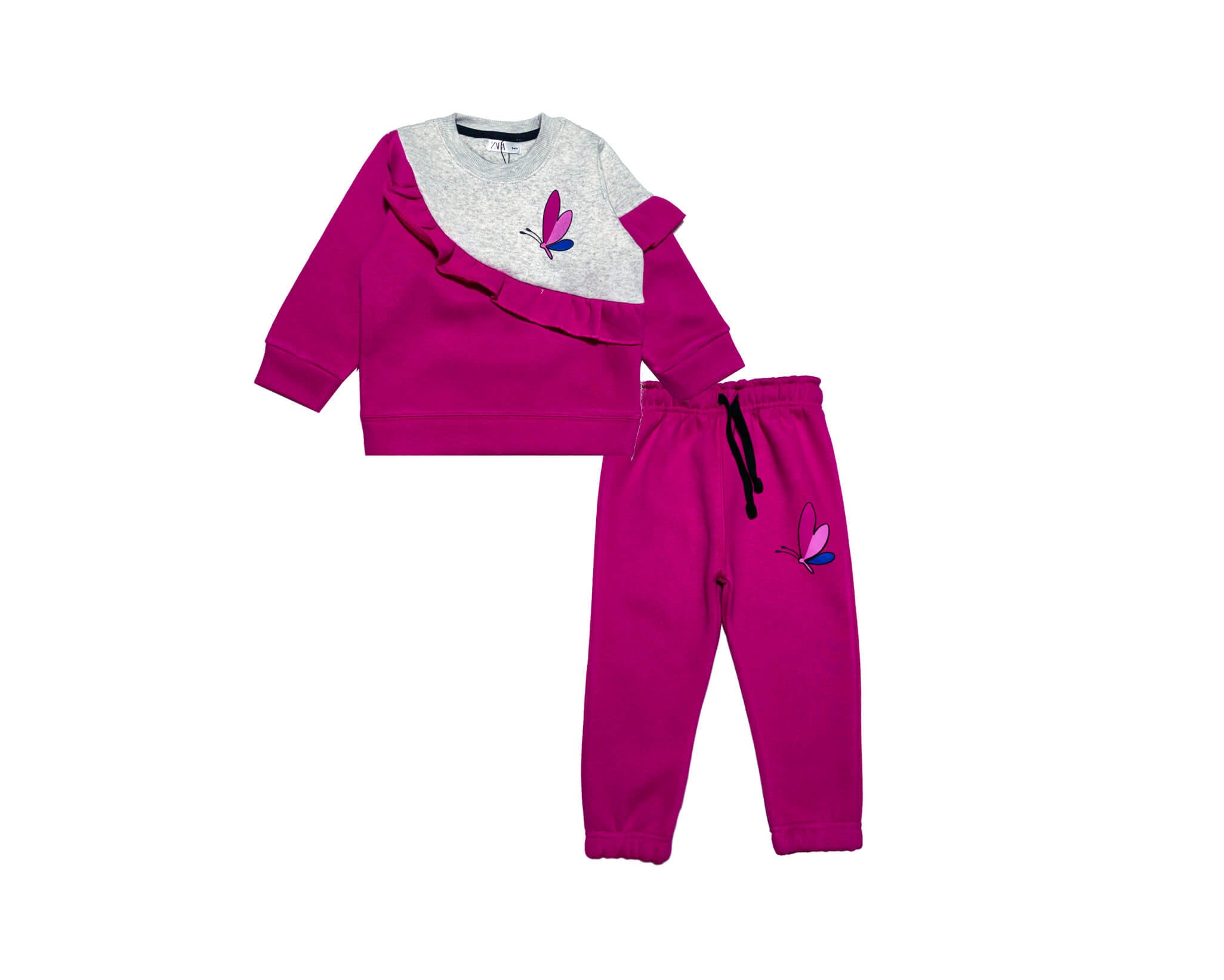 Little One Butterfly Frill Style Loose Fit Tracksuit -Shocking Pink